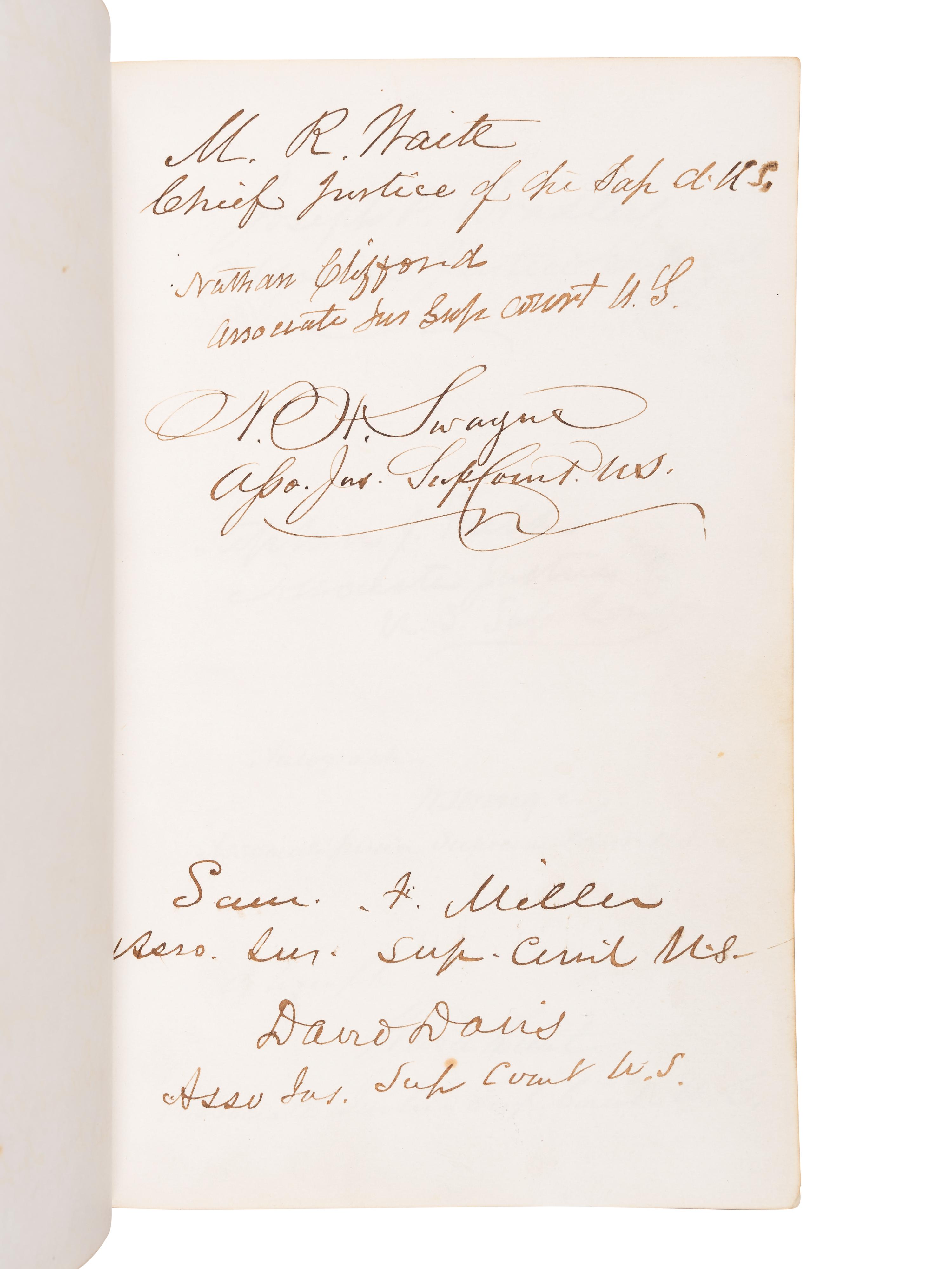 [GRANT, Ulysses S. (1822-1885), and others—AUTOGRAPH ALBUM]. An autograph album, c.1870s, assembling more than 350 signatures and inscriptions by President Ulysses S. Grant, members of his Cabinet (c.1873-74), Supreme Court Justices, Congressman, Senators, and various other prominent American political leaders and statesmen.
