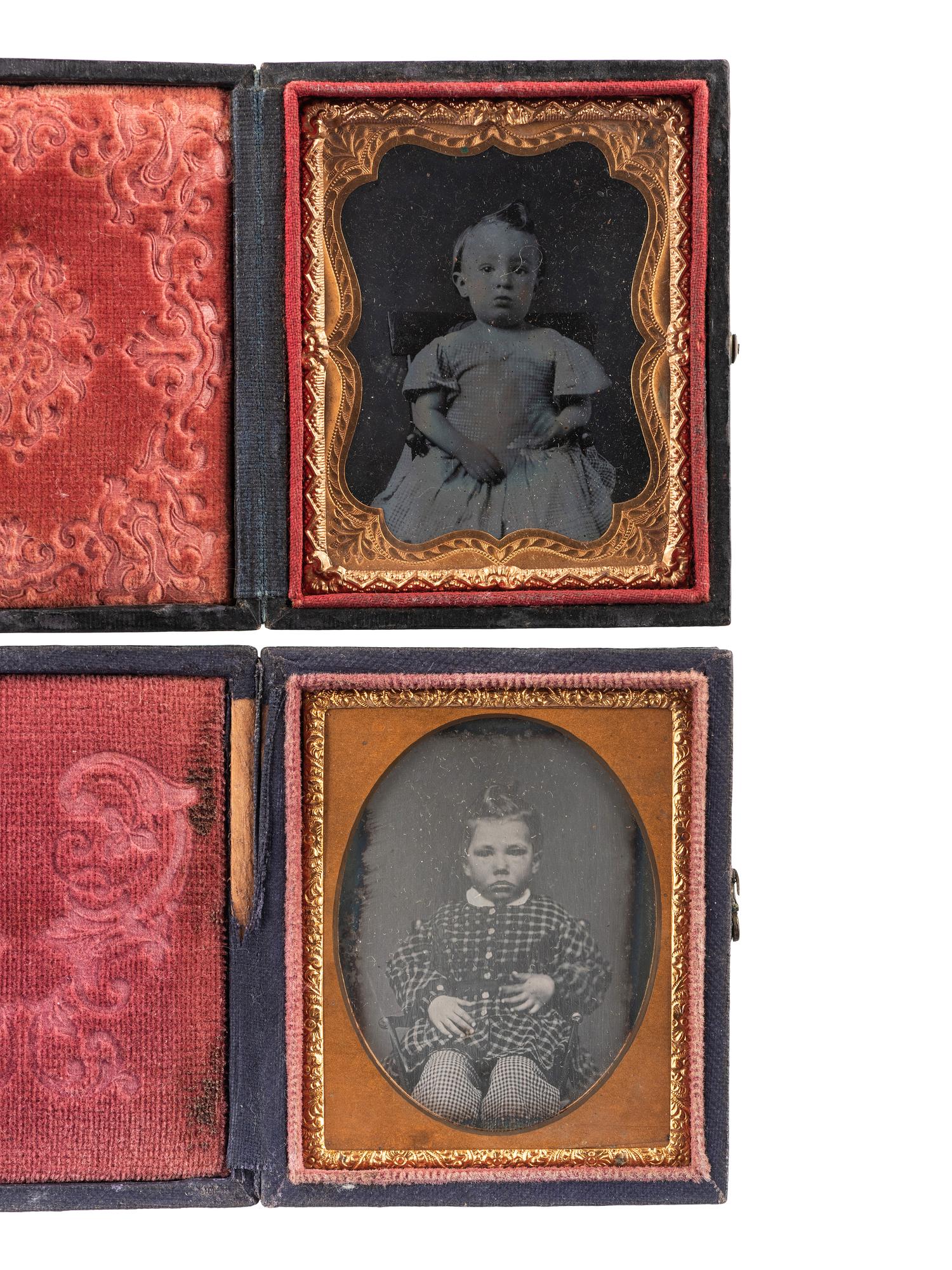 [EARLY PHOTOGRAPHY - PORTRAITURE]. A group of 21 assorted daguerreotypes, ambrotypes, tintypes, and CDVs of men, women, and children, with Kenosha, WI album with tintypes, CDVs, and cabinet cards.