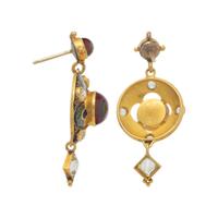 VICTORIAN, HOLBEINESQUE, GARNET, CHRYSOBERYL, ENAMEL, AND YELLOW GOLD EARRINGS