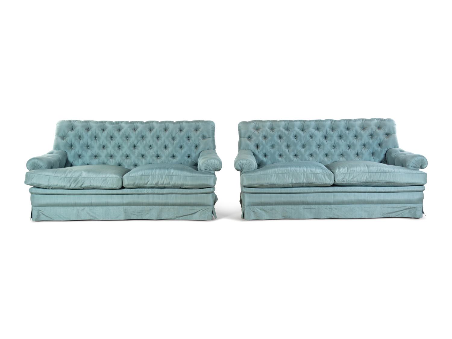 A Pair of Custom French Silk-Upholstered Button Tufted Sofas