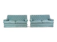 A Pair of Custom French Silk-Upholstered Button Tufted Sofas