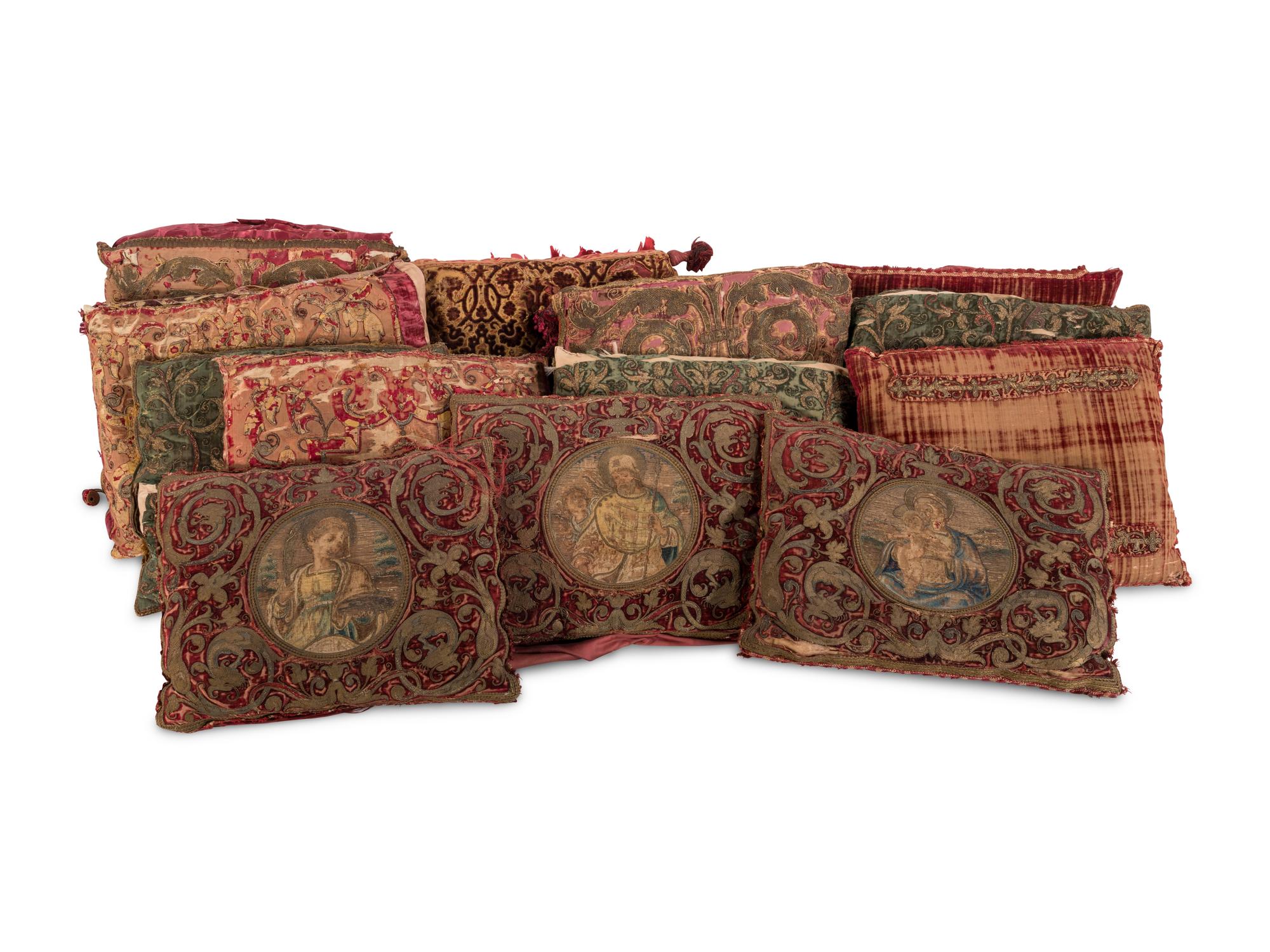 A Group of Thirteen Cut Velvet and Embroidered Cushions