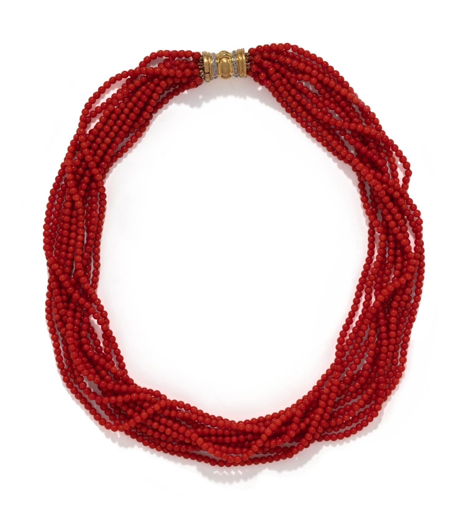 YELLOW GOLD AND CORAL TORSADE NECKLACE