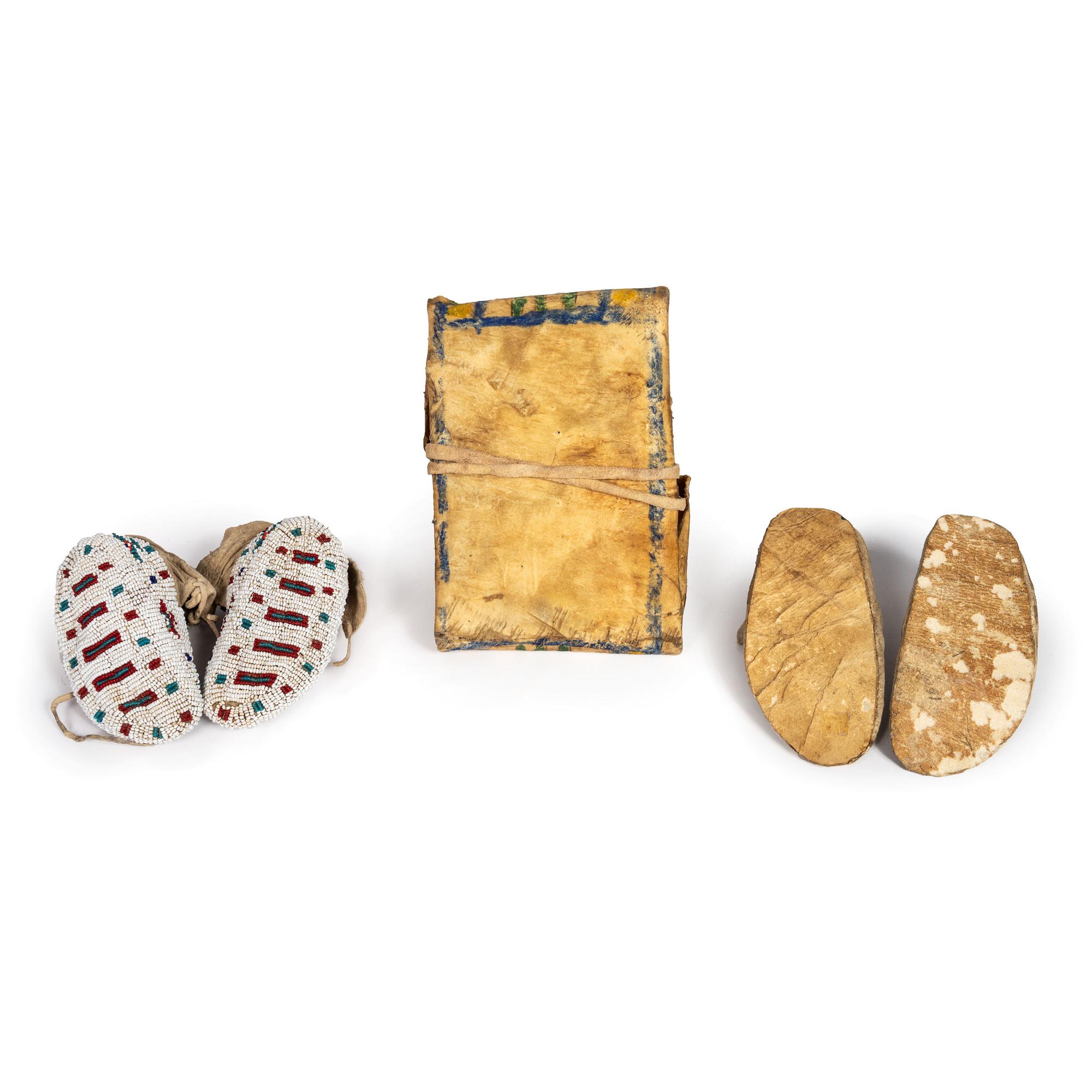 Northern Plains Child's Beaded Hide Moccasins and Miniature Painted Parfleche Envelope
