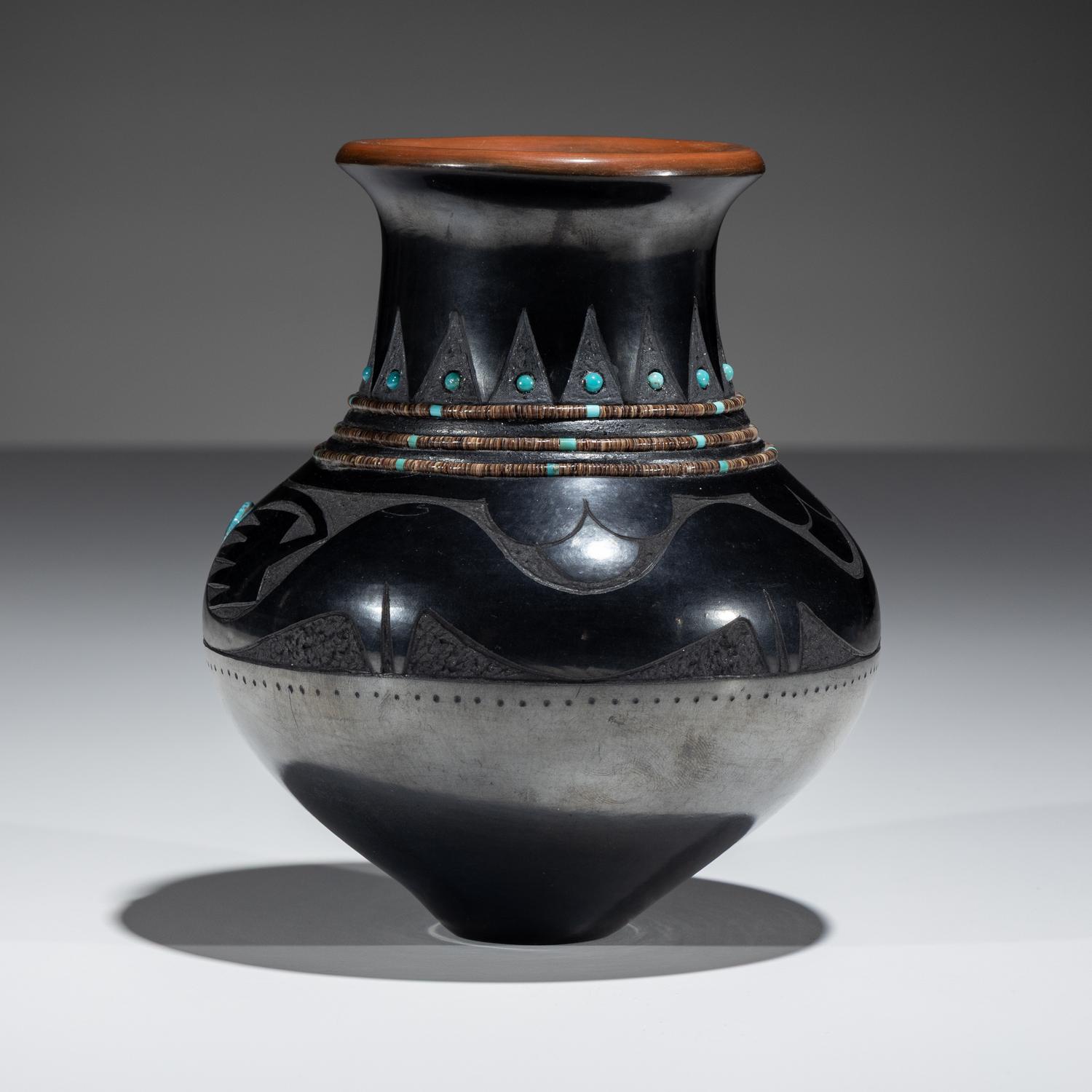 Black and Sienna Sgraffito Pottery Vase, with Heishi and Turquoise Beads