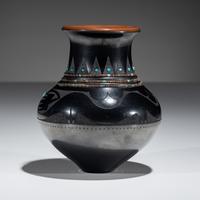 Black and Sienna Sgraffito Pottery Vase, with Heishi and Turquoise Beads