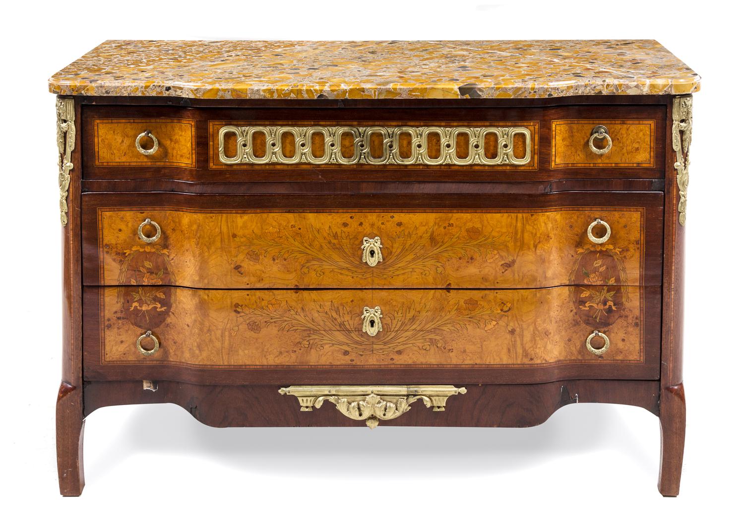 A Louis XVI Style Marquetry Decorated Commode Height 29 3/8 x width 43 5/8 x depth 19 1/4 inches. — 19TH/20TH CENTURY