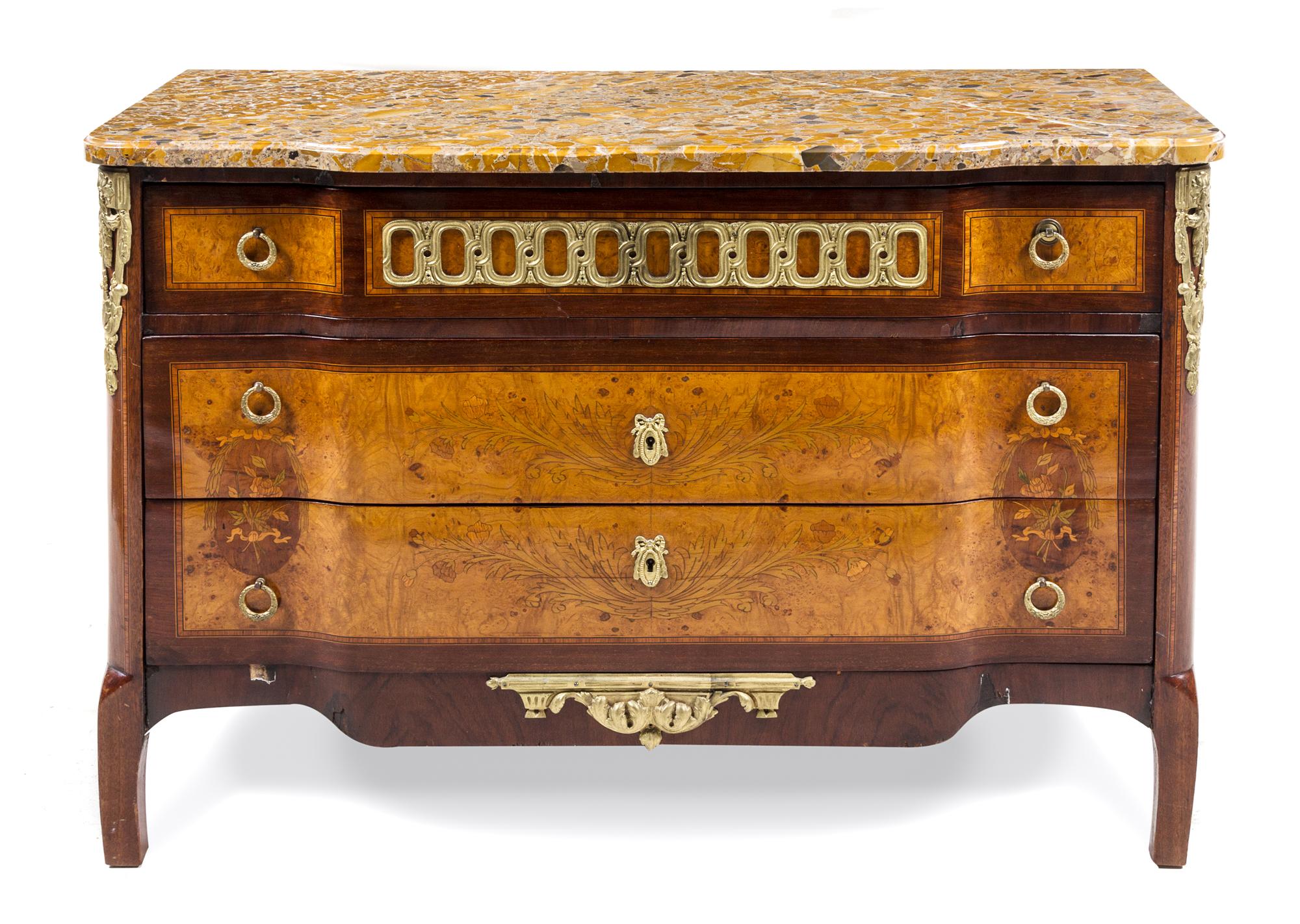 A Louis XVI Style Marquetry Decorated Commode Height 29 3/8 x width 43 5/8 x depth 19 1/4 inches. — 19TH/20TH CENTURY