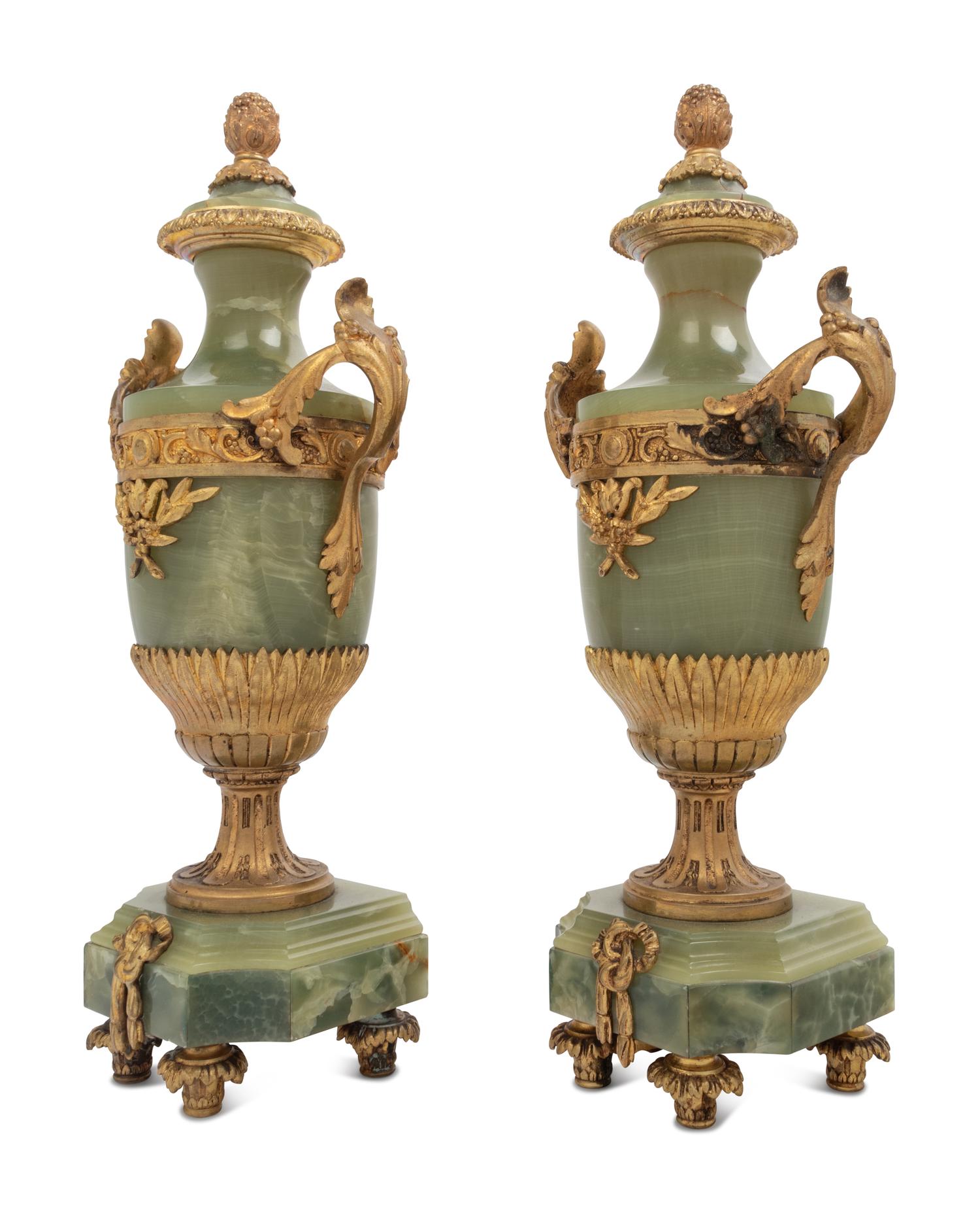 A Pair of Gilt Bronze Mounted Onyx Urns