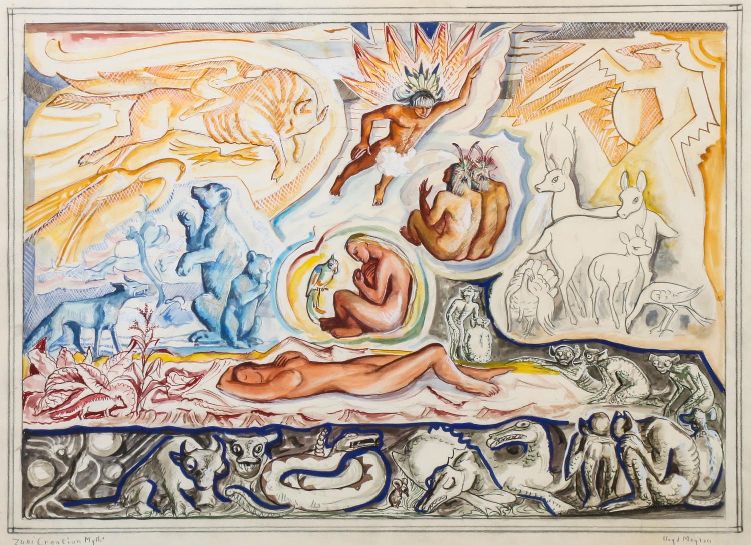Lloyd Moylan, (American, 1893-1963), Zuni Creation Myth Mural Study