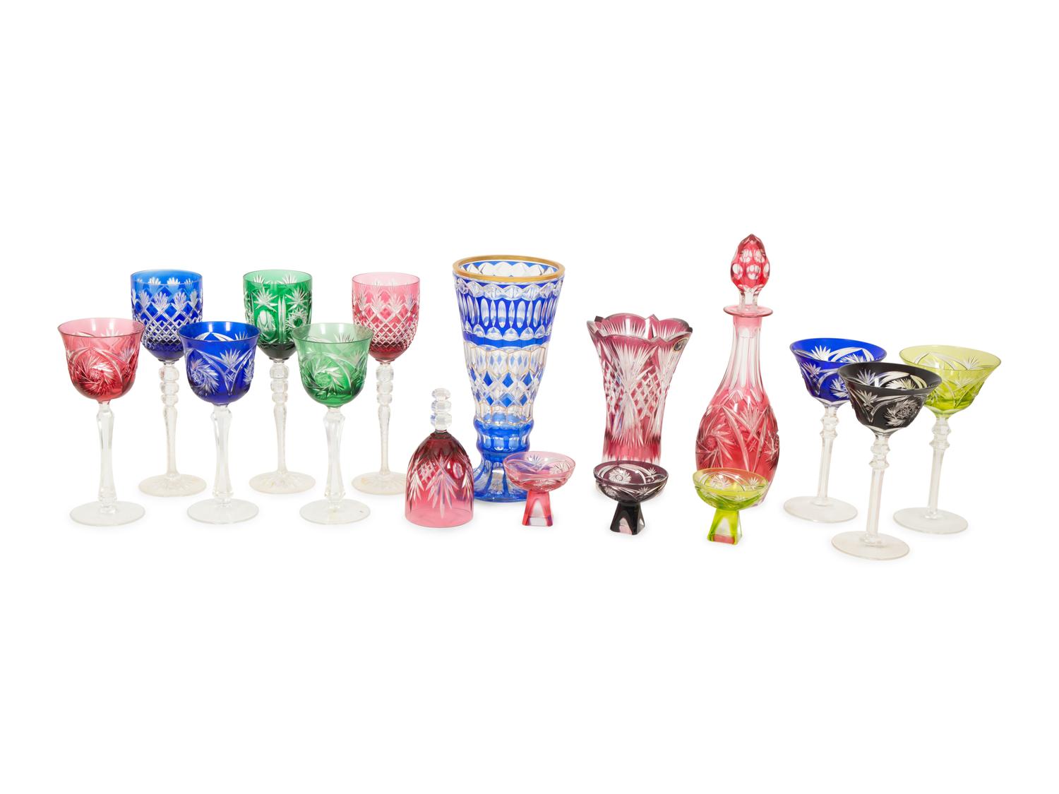 A Collection of Bohemian Colored Cut-to-Clear Glass Articles