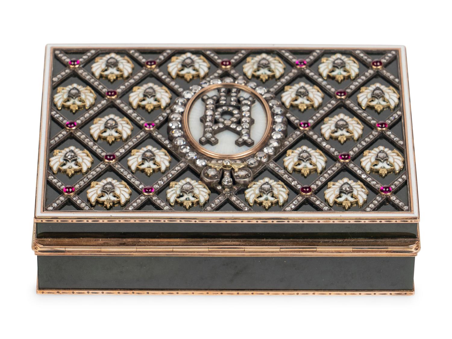 A 14 Karat Gold, Diamond and Guilloché Enamel Inset Hardstone Snuff Box