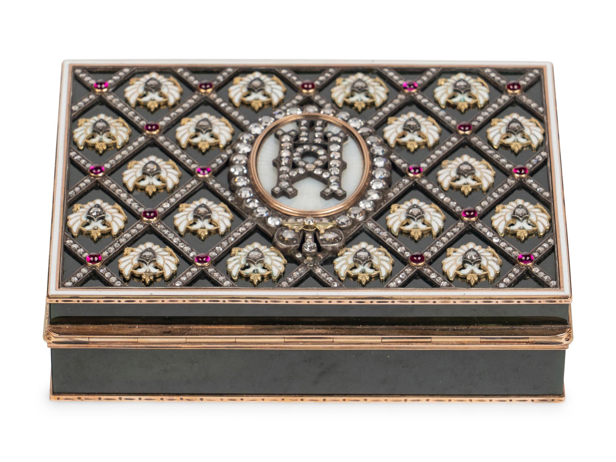 A 14 Karat Gold, Diamond and Guilloché Enamel Inset Hardstone Snuff Box