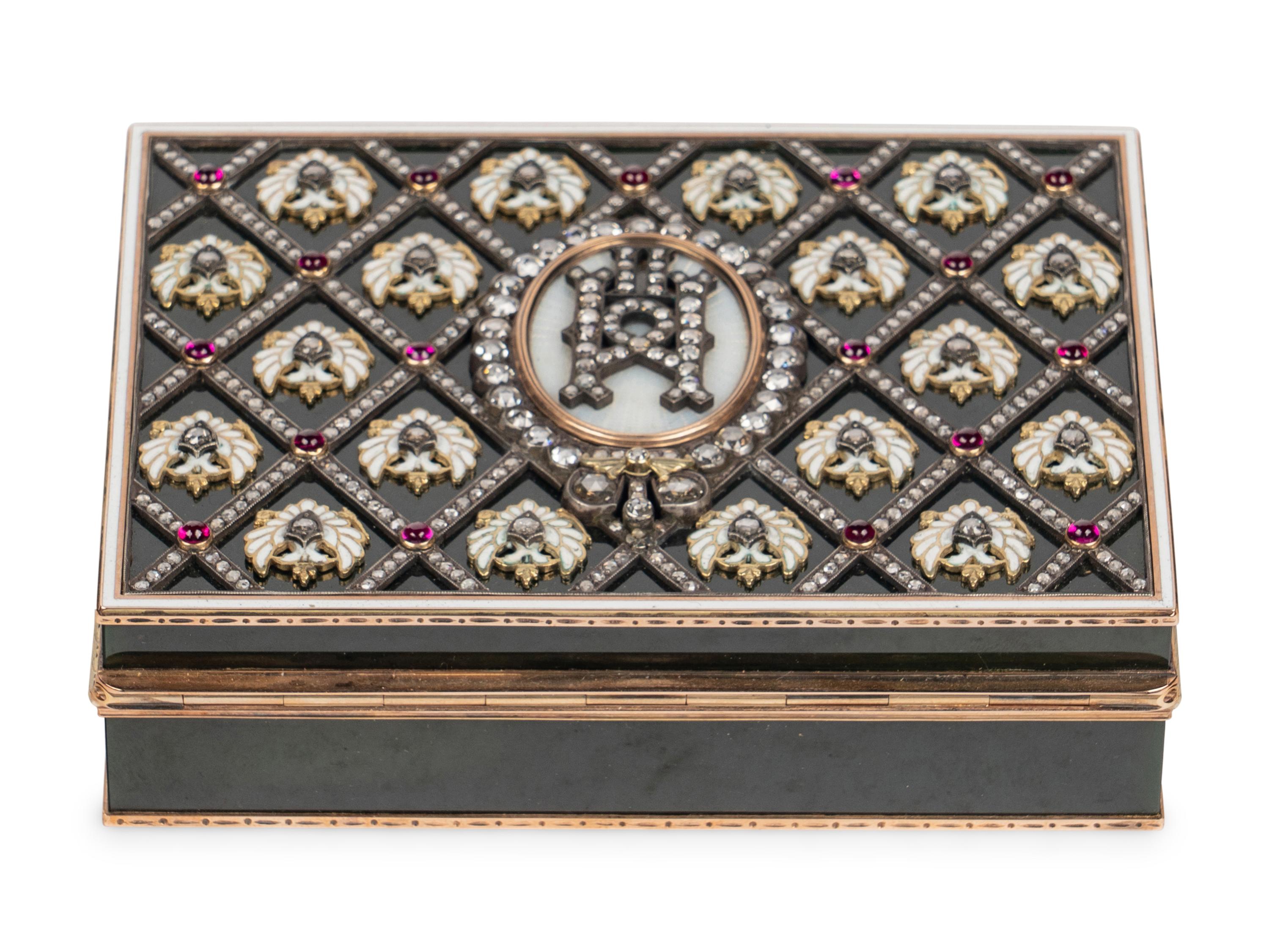 A 14 Karat Gold, Diamond and Guilloché Enamel Inset Hardstone Snuff Box