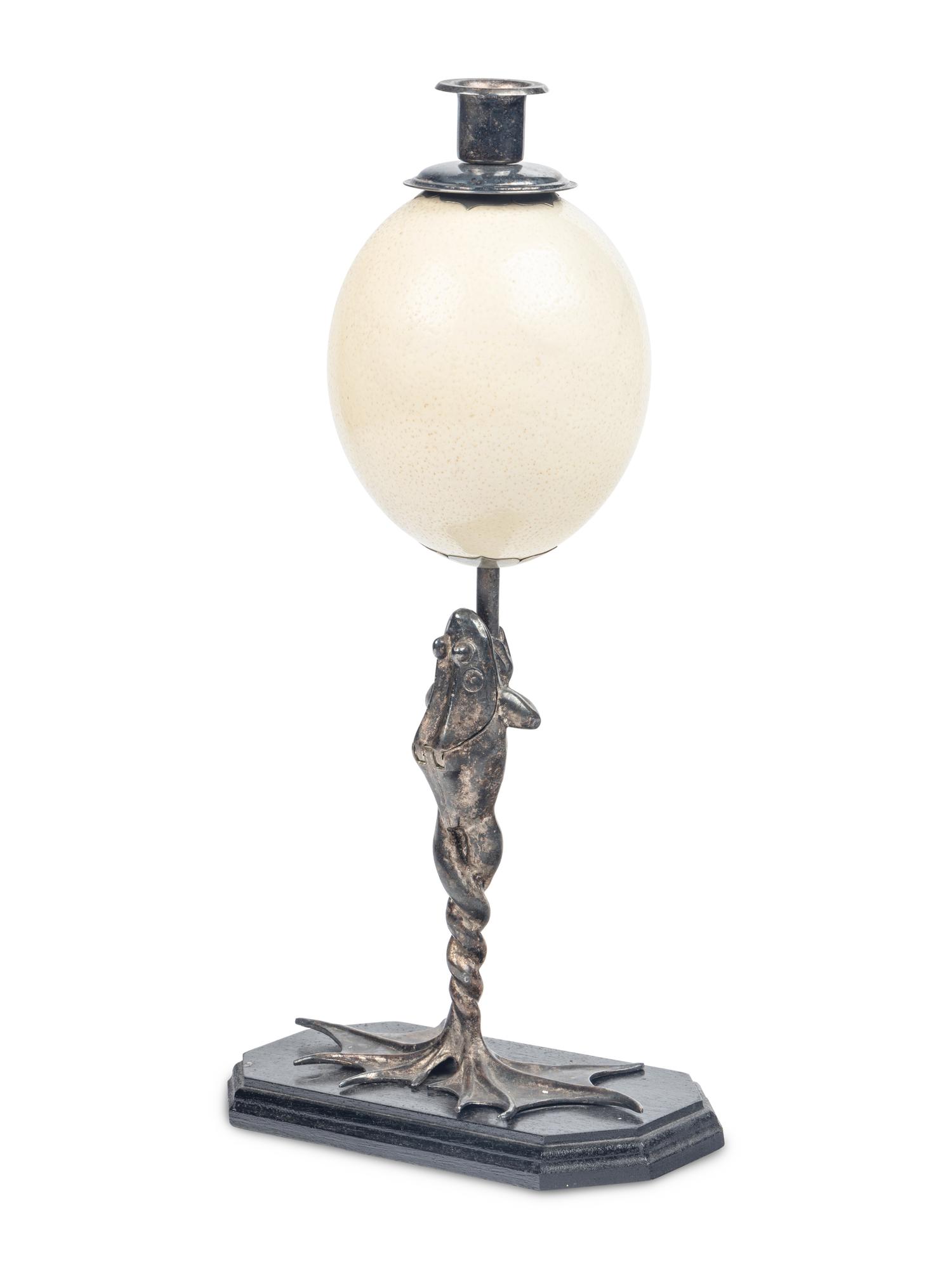 An Anthony Redmile Silvered Metal and Ostrich Egg Frog-Form Candlestick