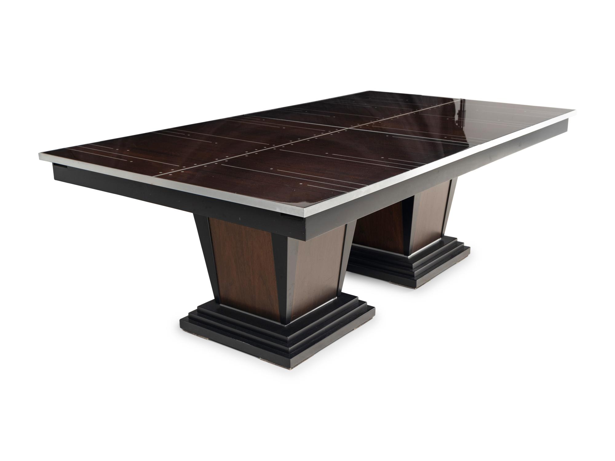 A Chrome-Inlaid Rosewood Two-Pedestal Dining Table