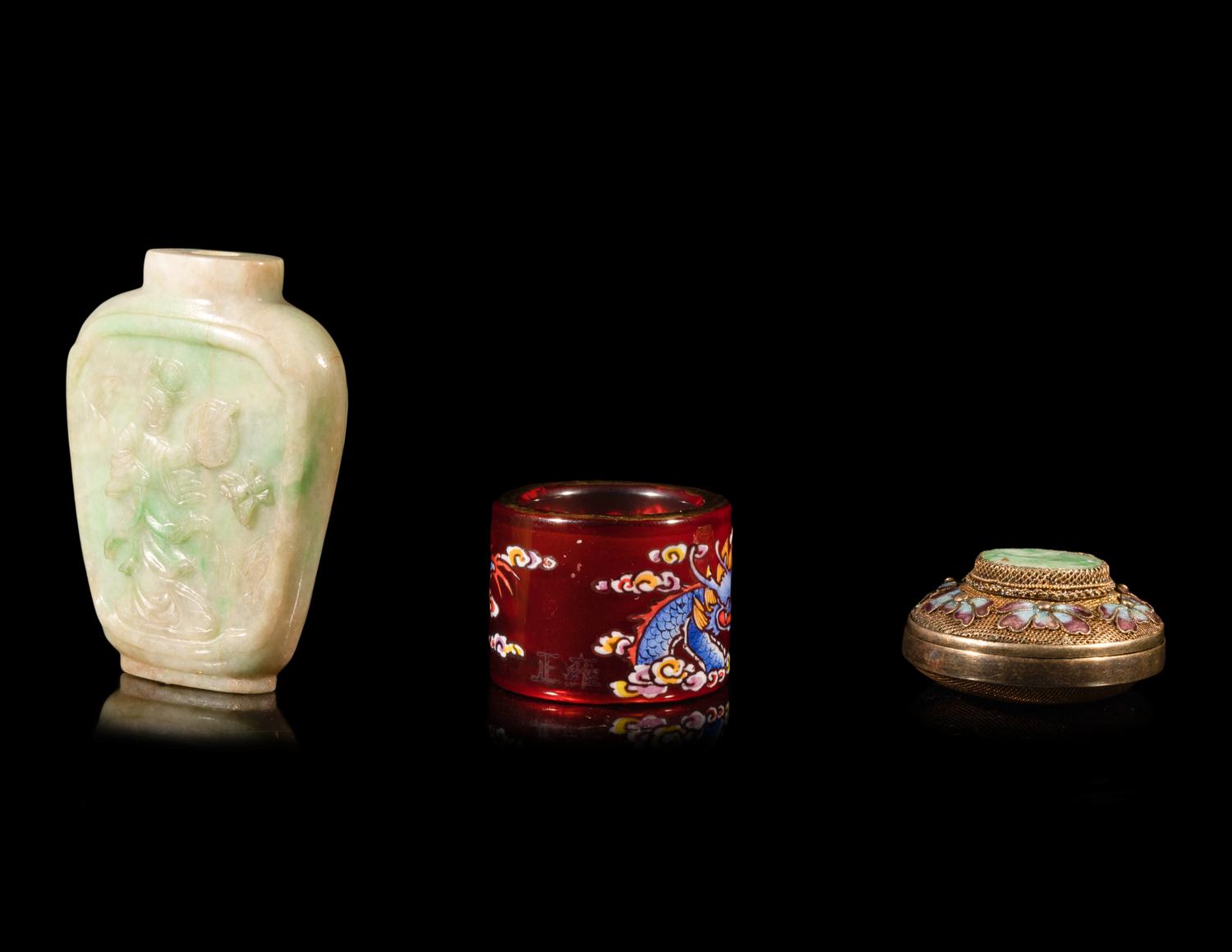 Three Chinese Jadeite and Peking Glass Articles