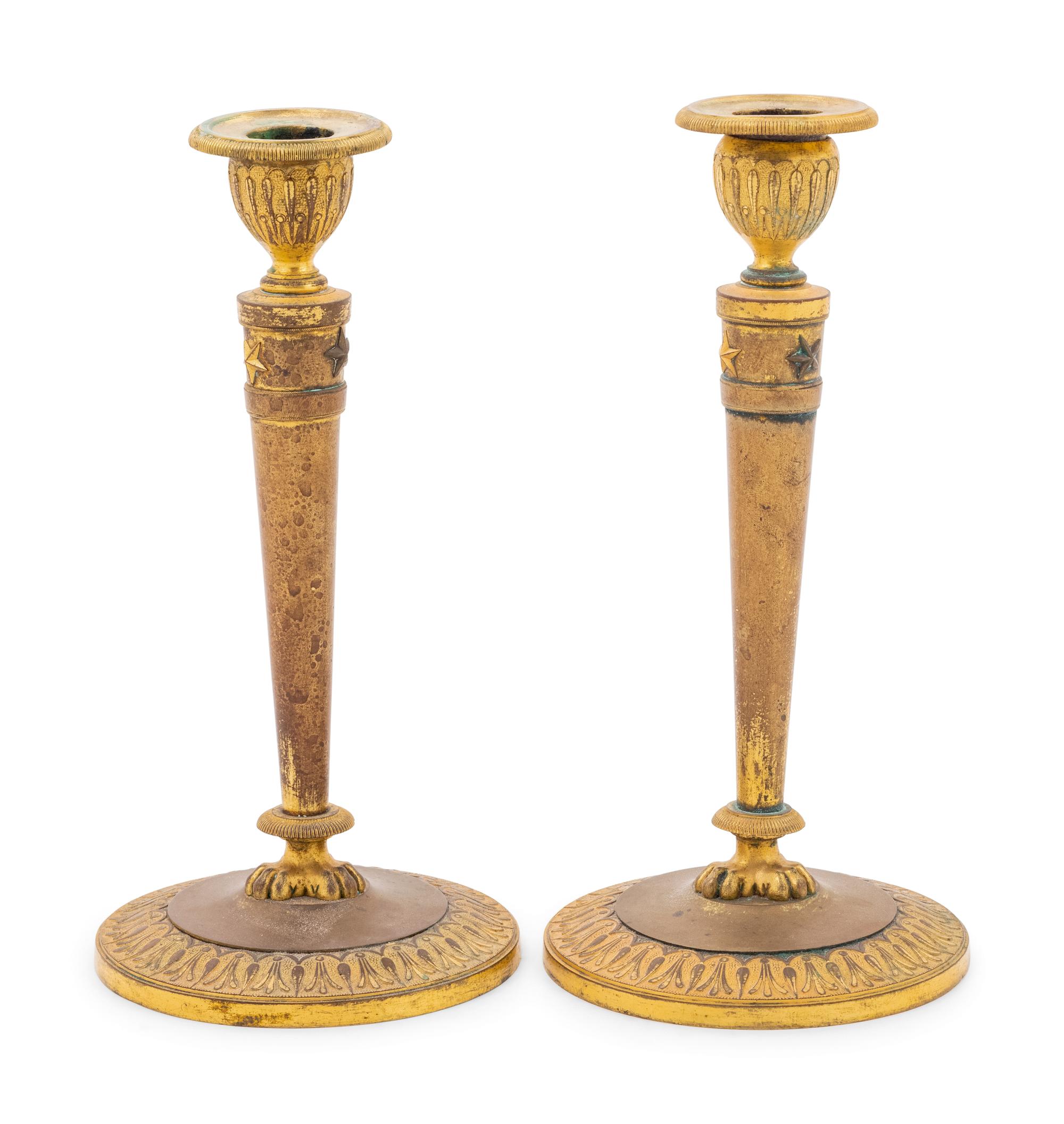 A Pair of Empire Style Gilt Metal Candlesticks