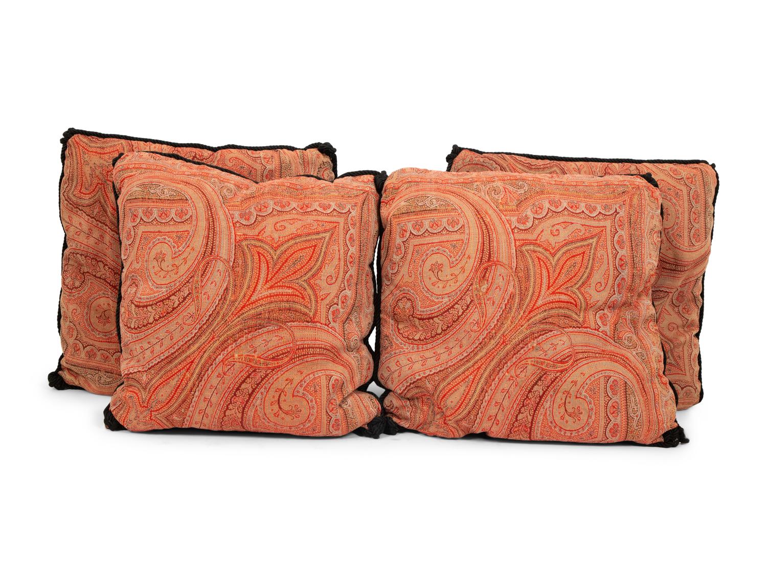 Four Paisley Covered Pillows with Black Braid Trim