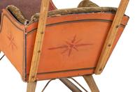 A Paint Decorated and Velvet Upholstered Wood Child's Sleigh