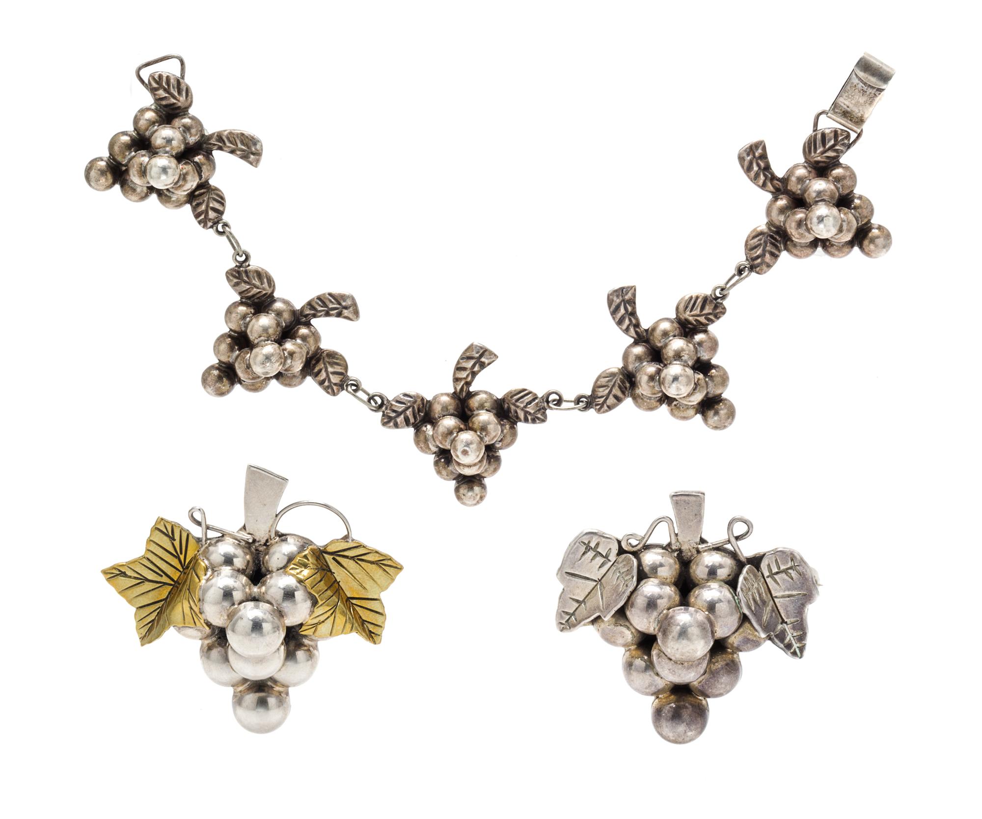 A Collection of Sterling Silver Grape Motif Jewelry, Mexico, 39.10 dwts.
