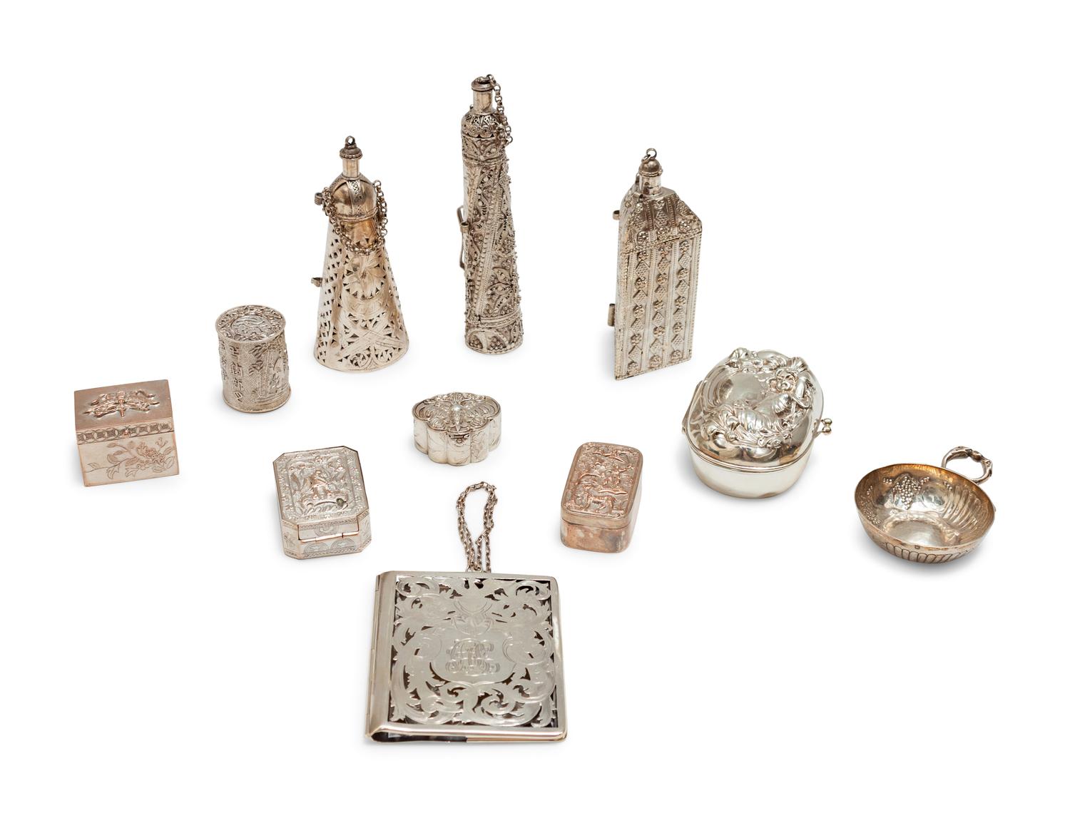 A Group of Silver Small Boxes and Silver and Silver Mounted Dressing Table Articles