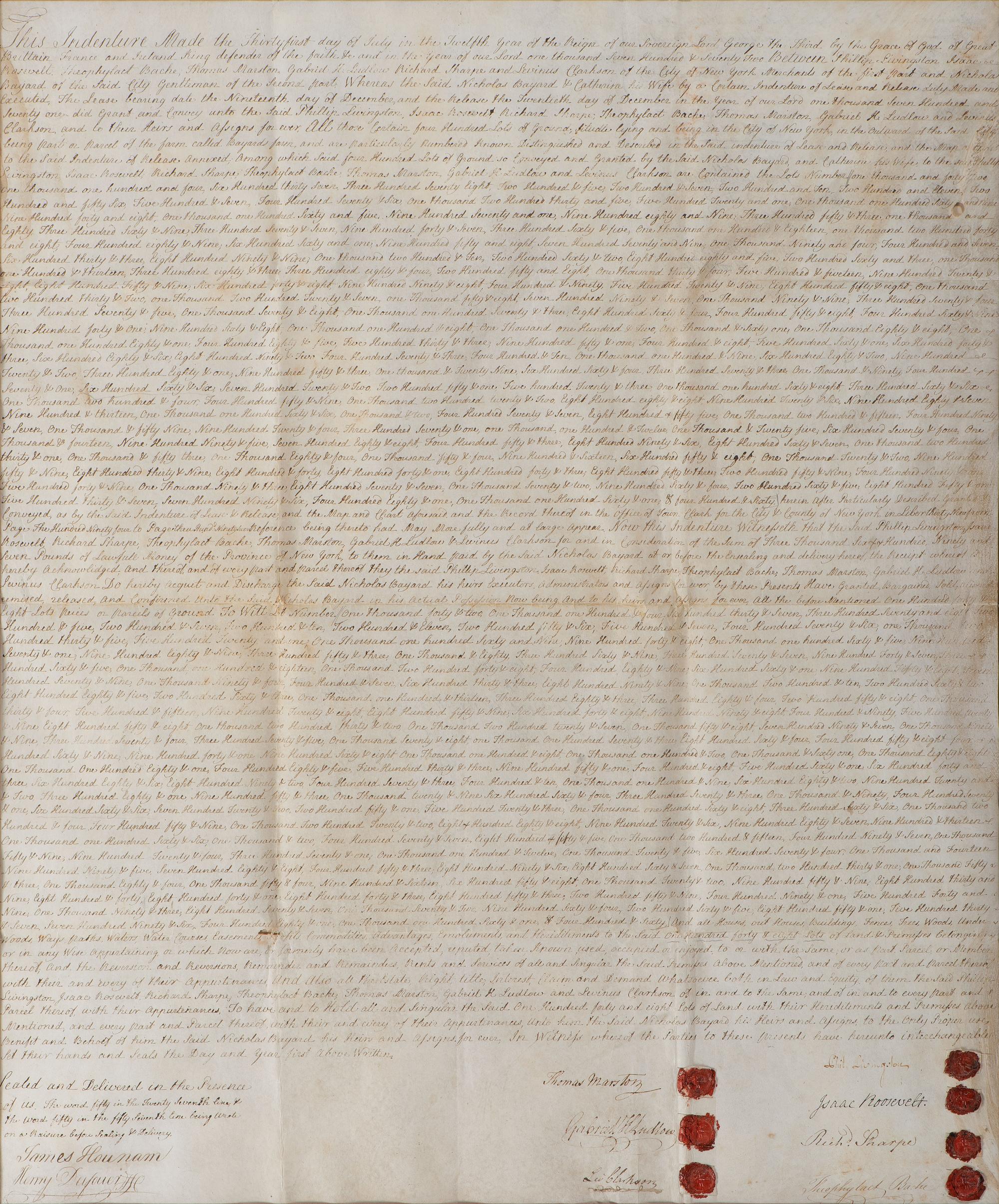 [NEW YORK] -- LIVINGSTON, Philip (1716-1778). Manuscript indentures, comprising: