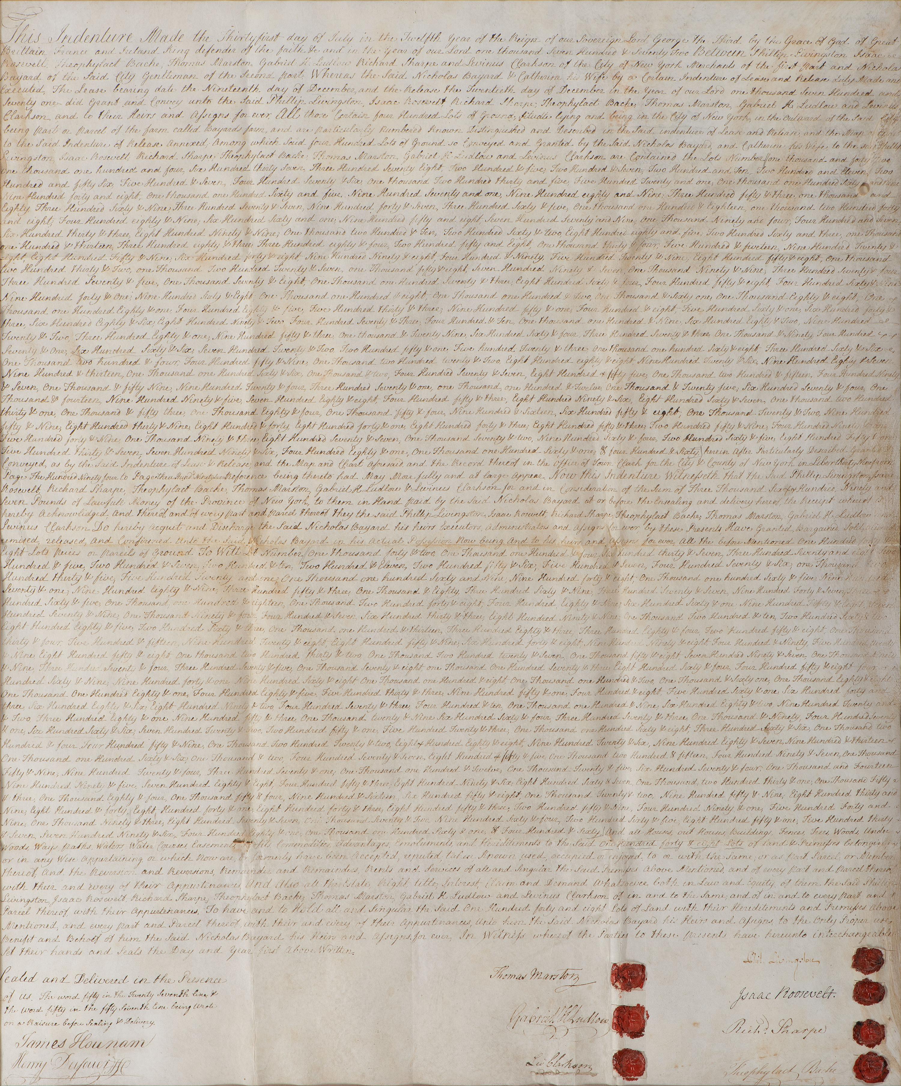 [NEW YORK] -- LIVINGSTON, Philip (1716-1778). Manuscript indentures, comprising: