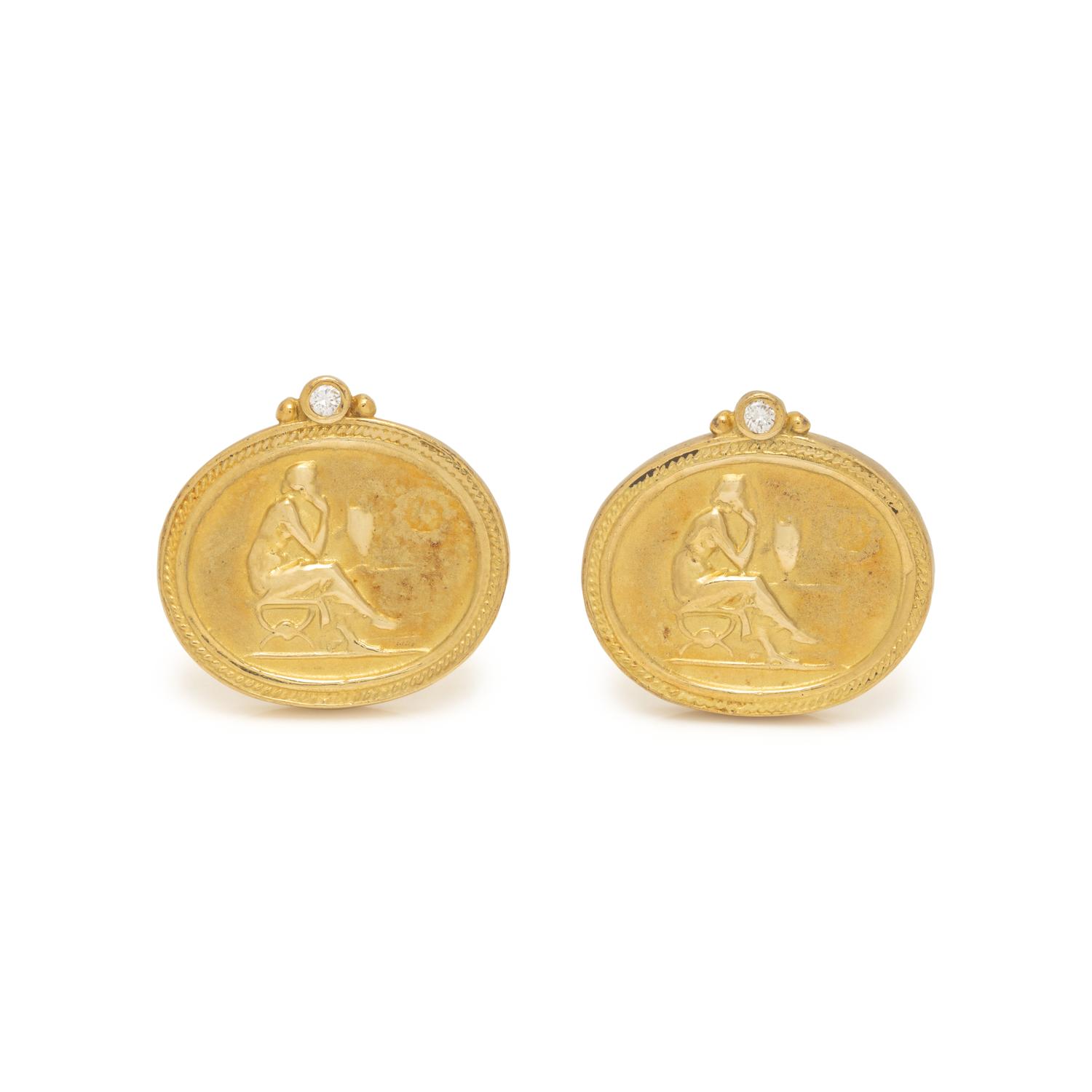 SEIDENGANG, YELLOW GOLD AND DIAMOND CLASSICAL MOTIF EARRINGS