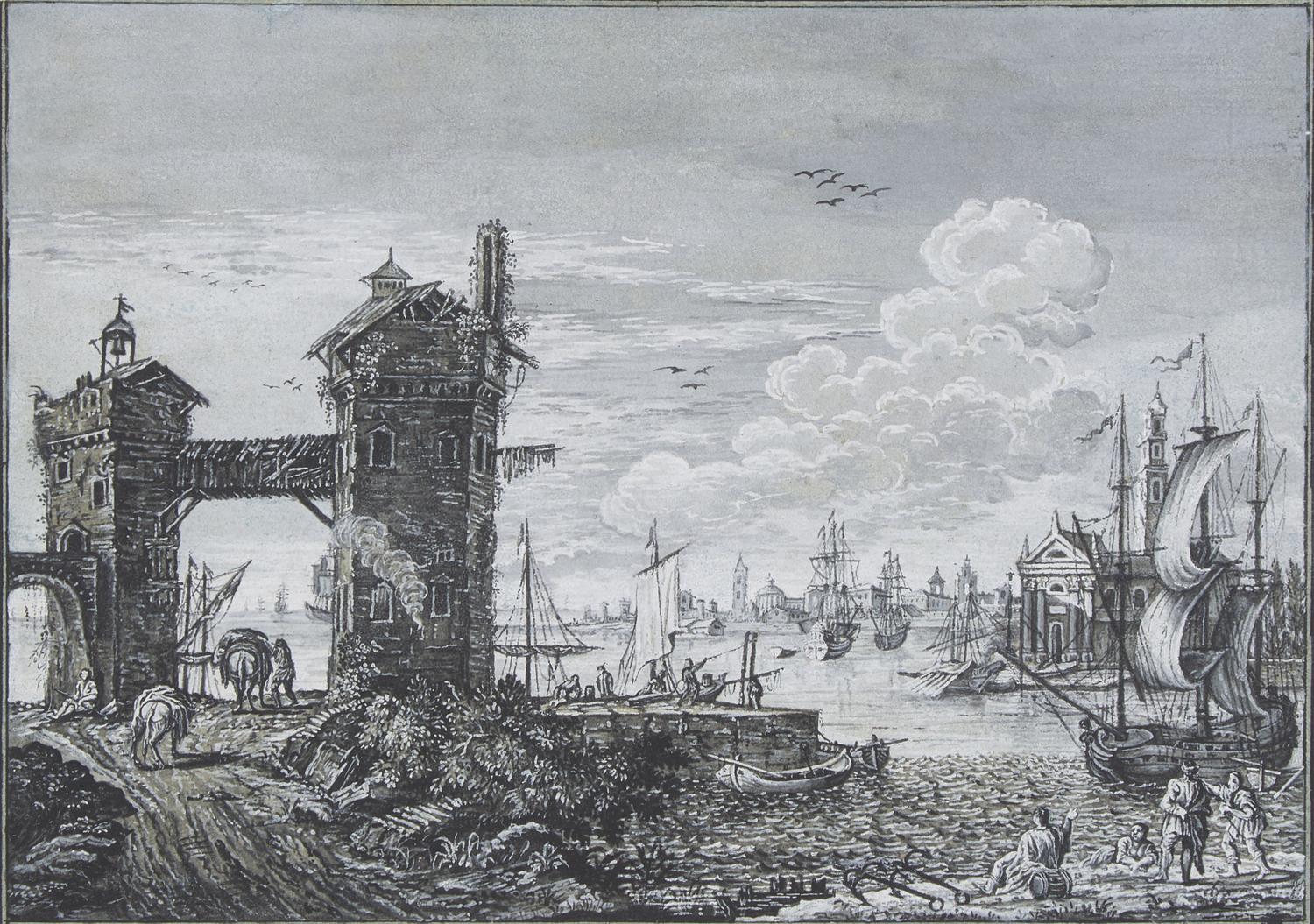 Harbor scene with two towers and various ships, a city in the background