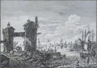 Harbor scene with two towers and various ships, a city in the background