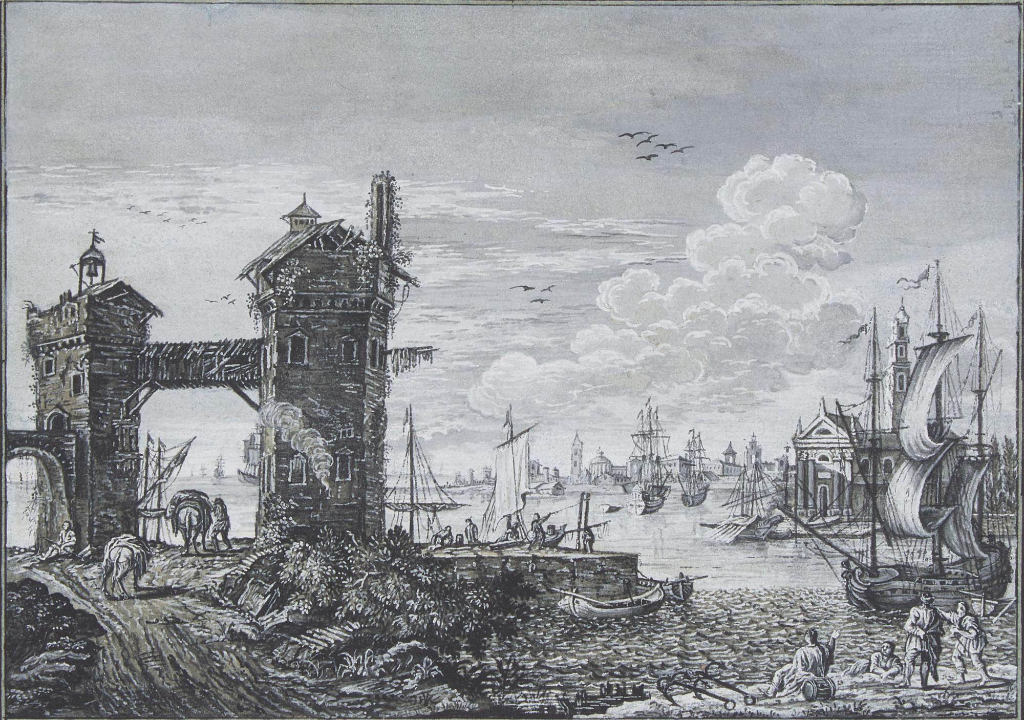 Harbor scene with two towers and various ships, a city in the background