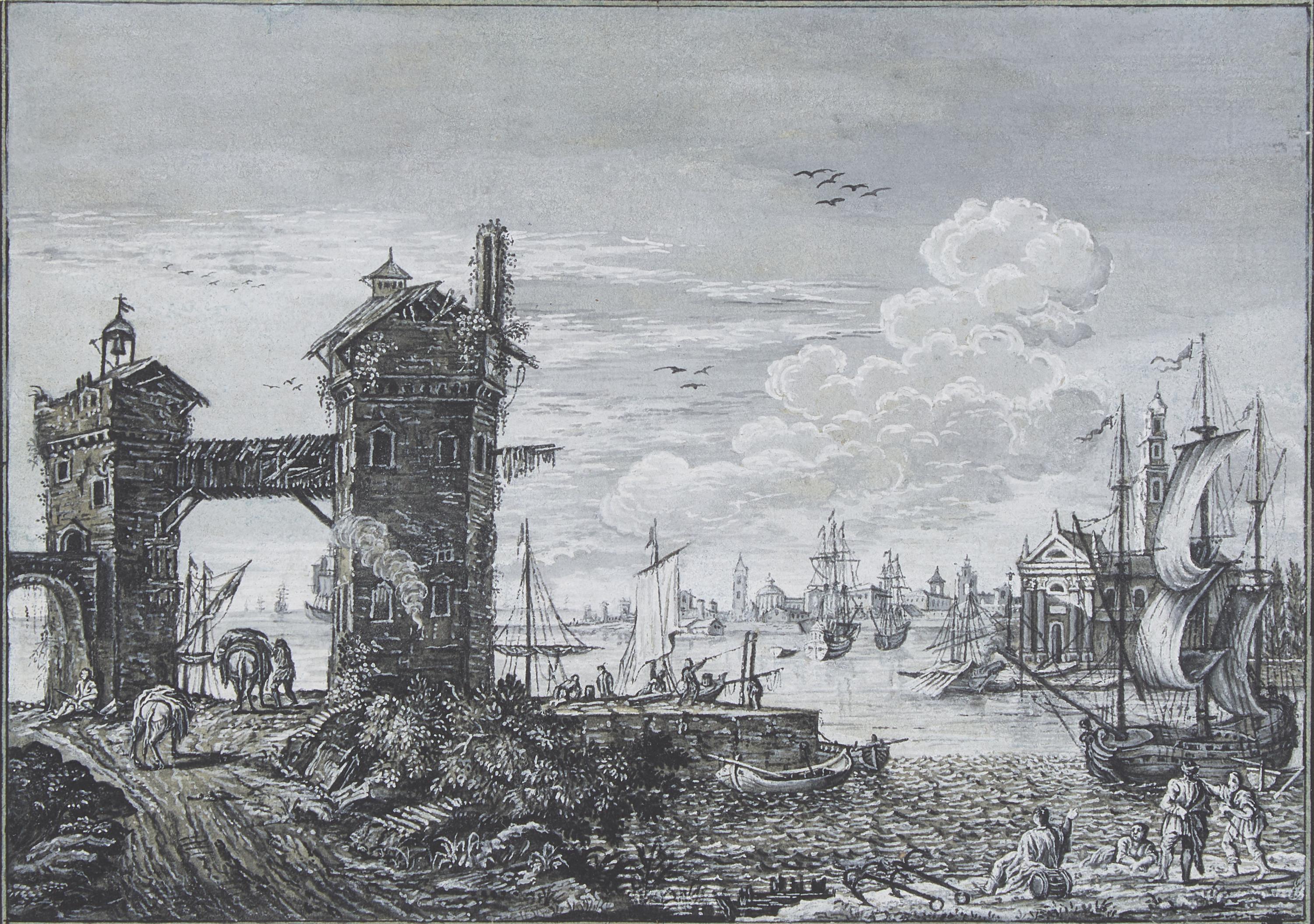 Harbor scene with two towers and various ships, a city in the background