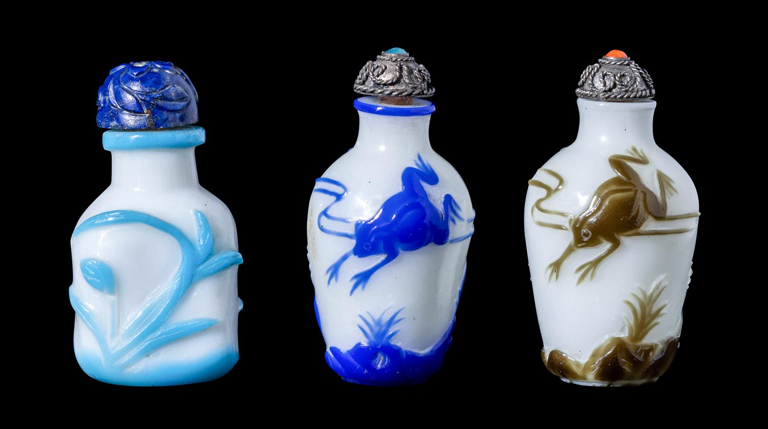 RELEASED TO MUSEUM - Three Chinese Overlay White Glass Snuff Bottles