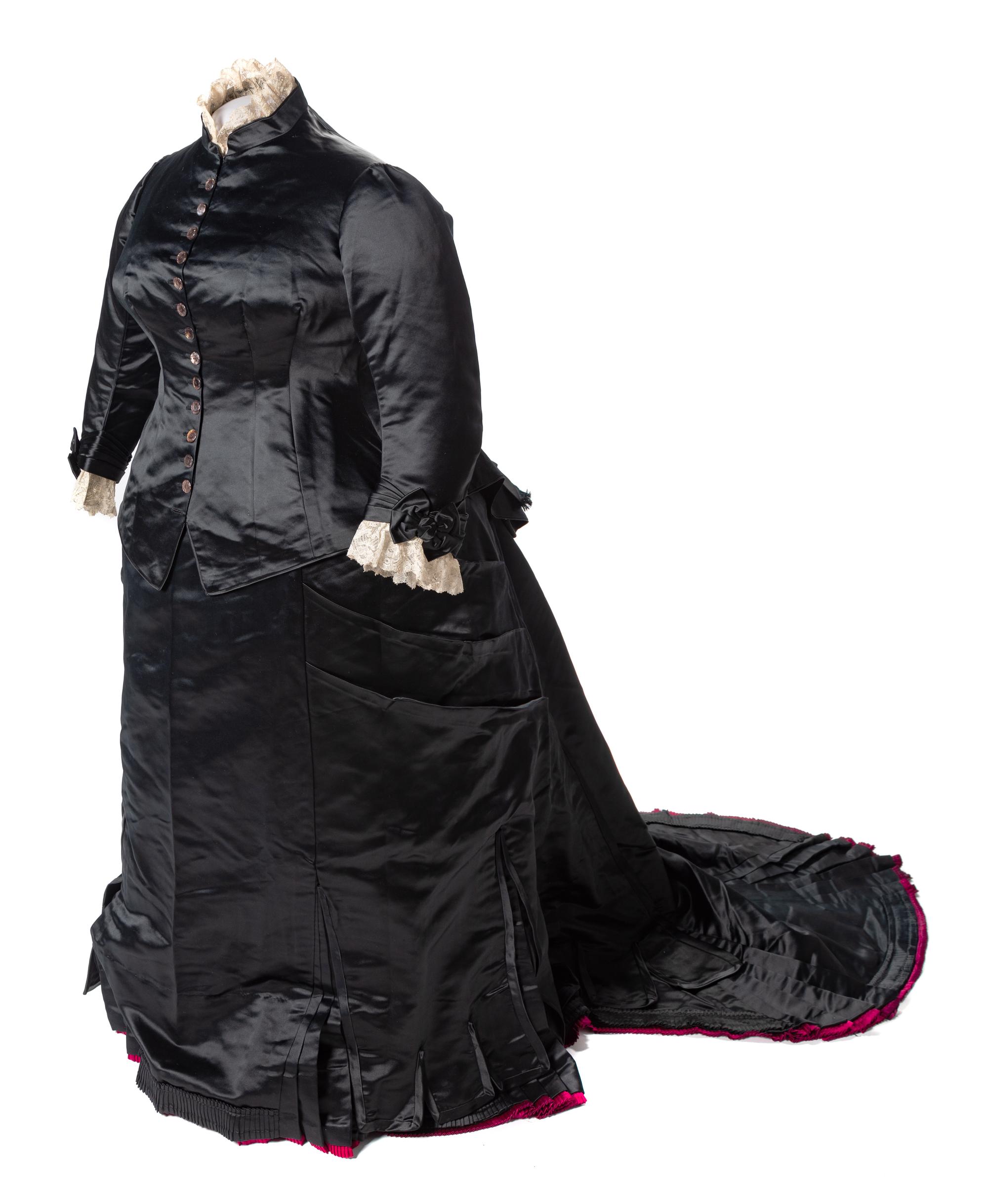 Emile Pingat Two-Piece Large Black Silk Satin Bustle Dress, 1870s Haute Couture No size label