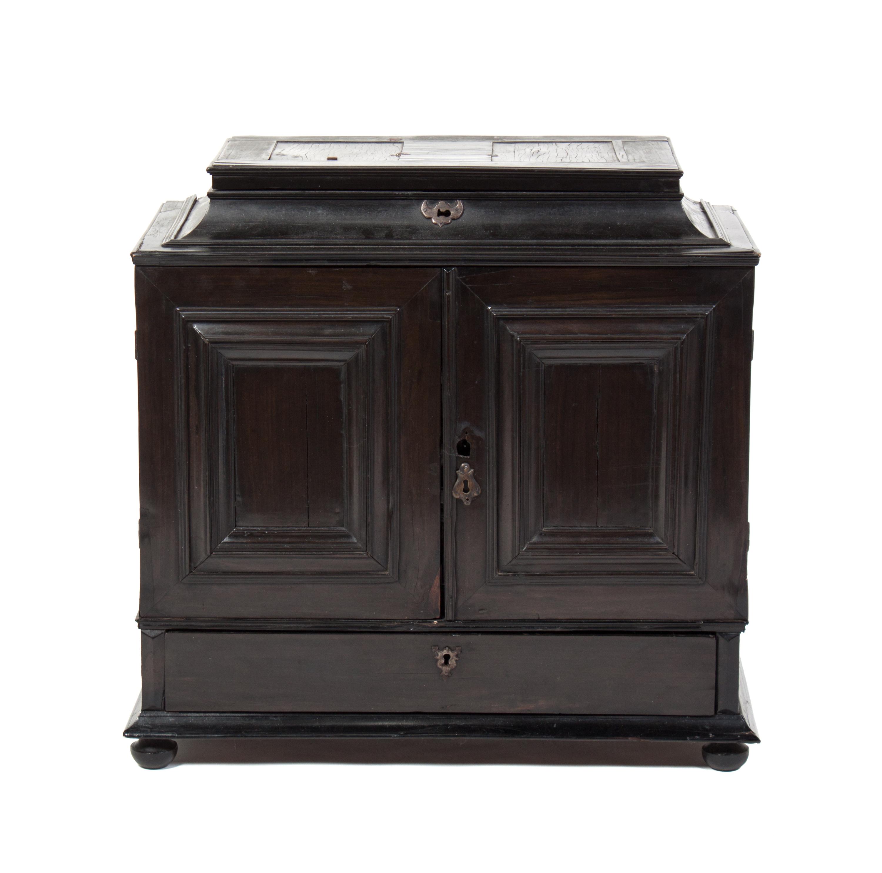An Italian Ebony and Tortoise Shell Collector's Cabinet Height 23 1/2 x width 24 x depth 12 inches.