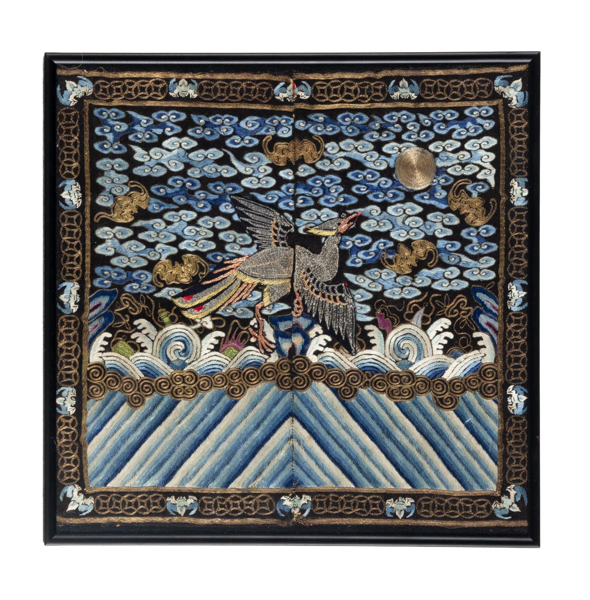 A Chinese Embroidered Silk 'Paradise Flycatcher' Rank Badge, 19th Century — 清晚期 刺綉綬帶鳥補子