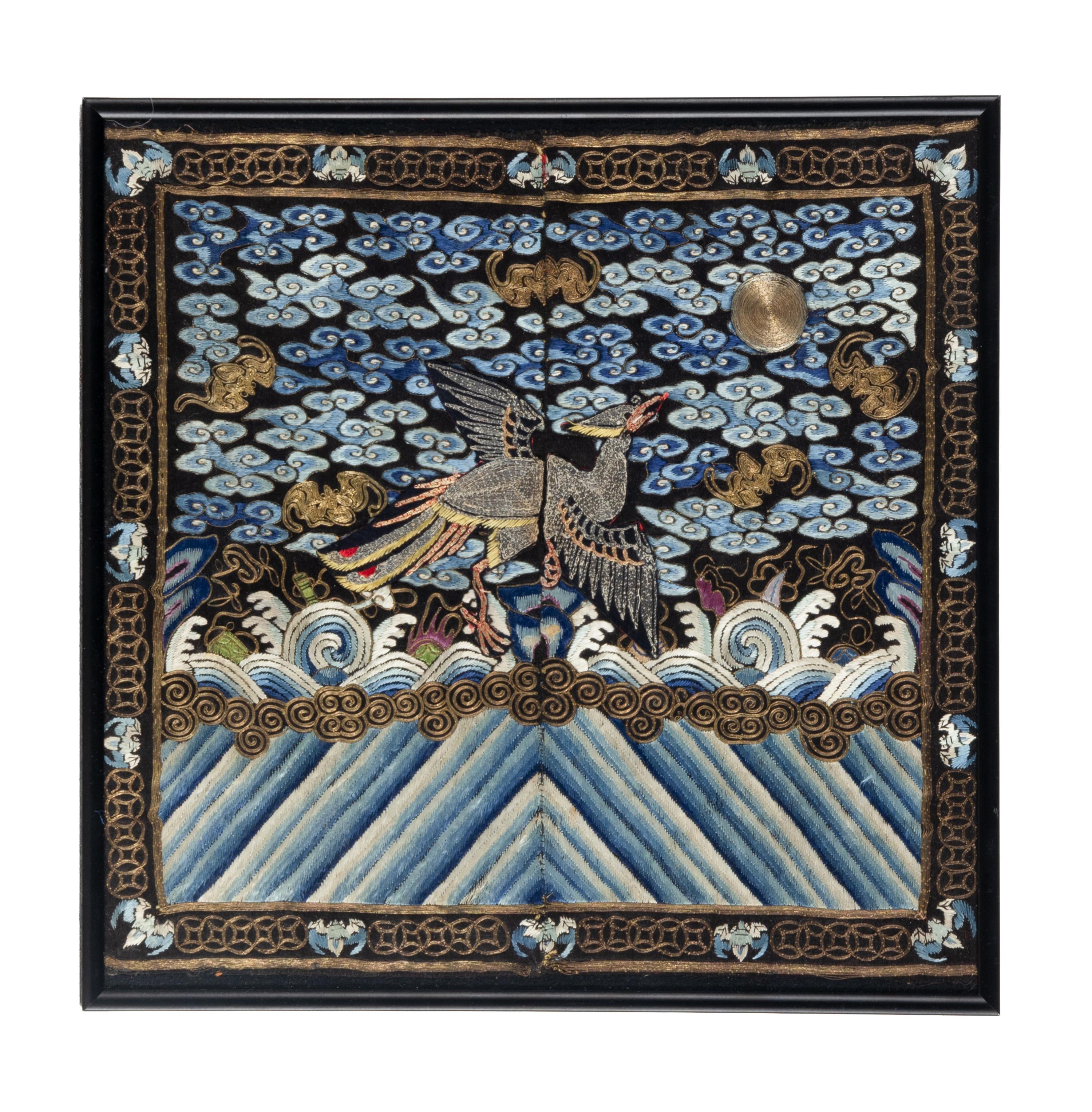 A Chinese Embroidered Silk 'Paradise Flycatcher' Rank Badge, 19th Century — 清晚期 刺綉綬帶鳥補子