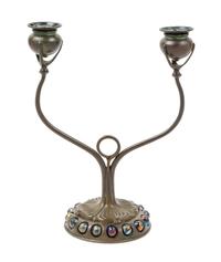 Tiffany Studios, EARLY 20TH CENTURY, a jeweled bronze two-light candelabrum