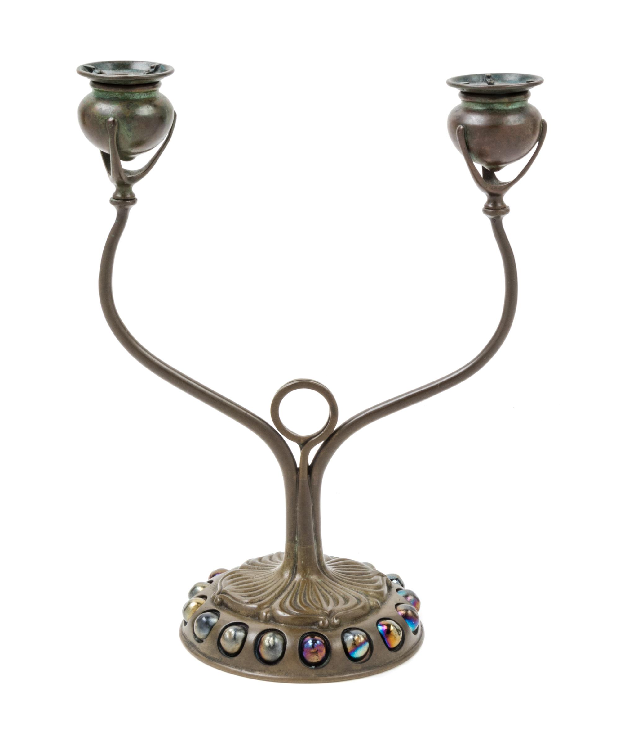 Tiffany Studios, EARLY 20TH CENTURY, a jeweled bronze two-light candelabrum