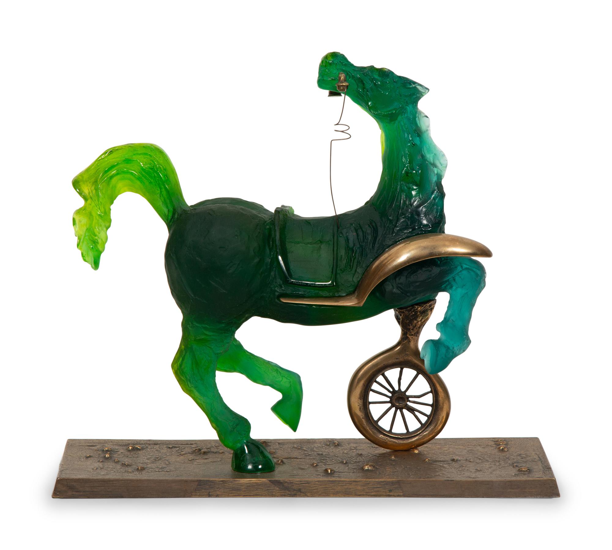 A Daum Pâte de Verre and Bronze Sculpture, Debris d'une automobile donnant naissance a un cheval aveugle mordant un telephone