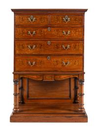 An English Mahogany, Marquetry and Penwork Chest-on-Stand
