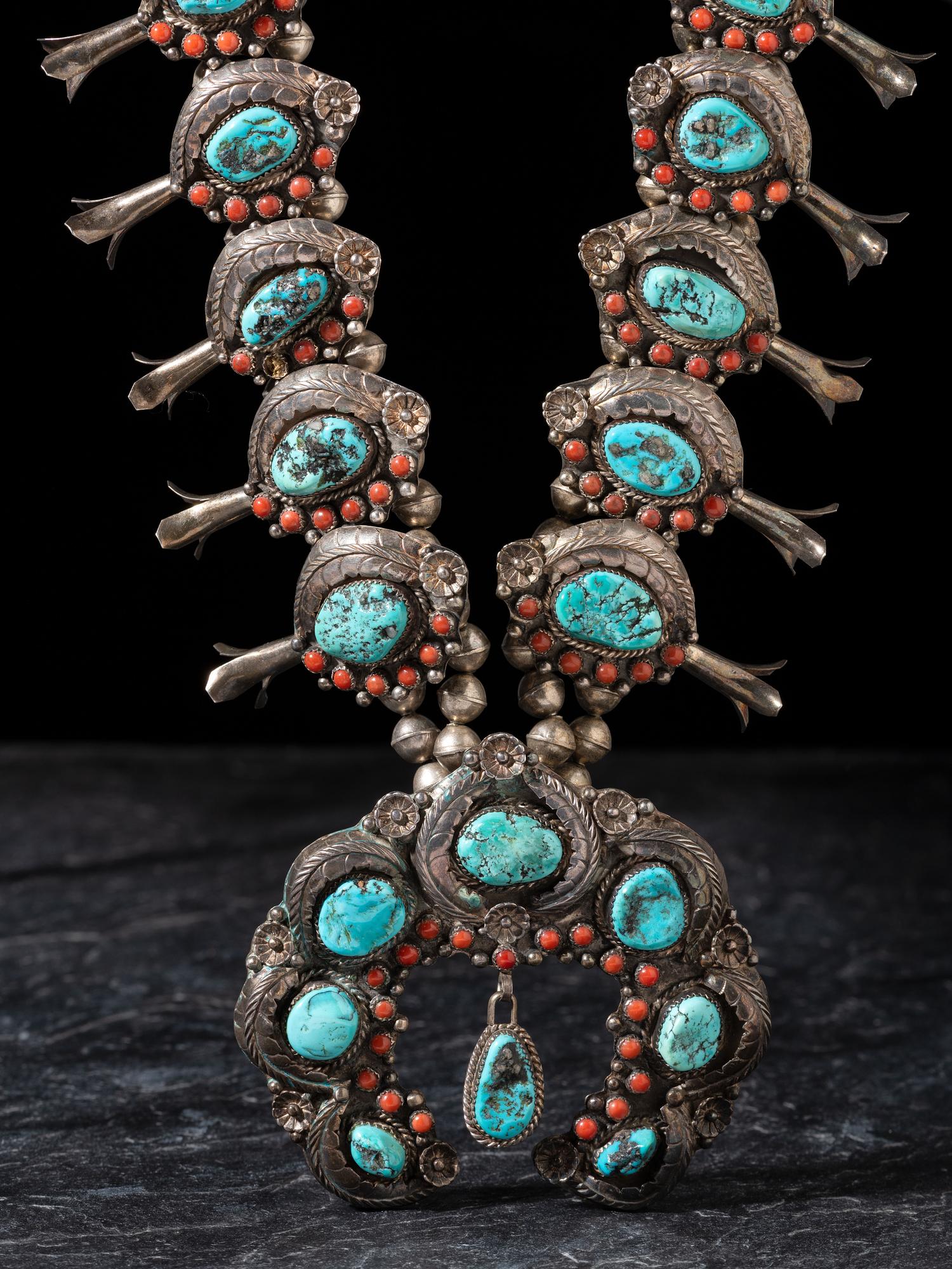 Silver, Turquoise, and Coral Squash Blossom Necklace