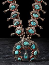 Silver, Turquoise, and Coral Squash Blossom Necklace