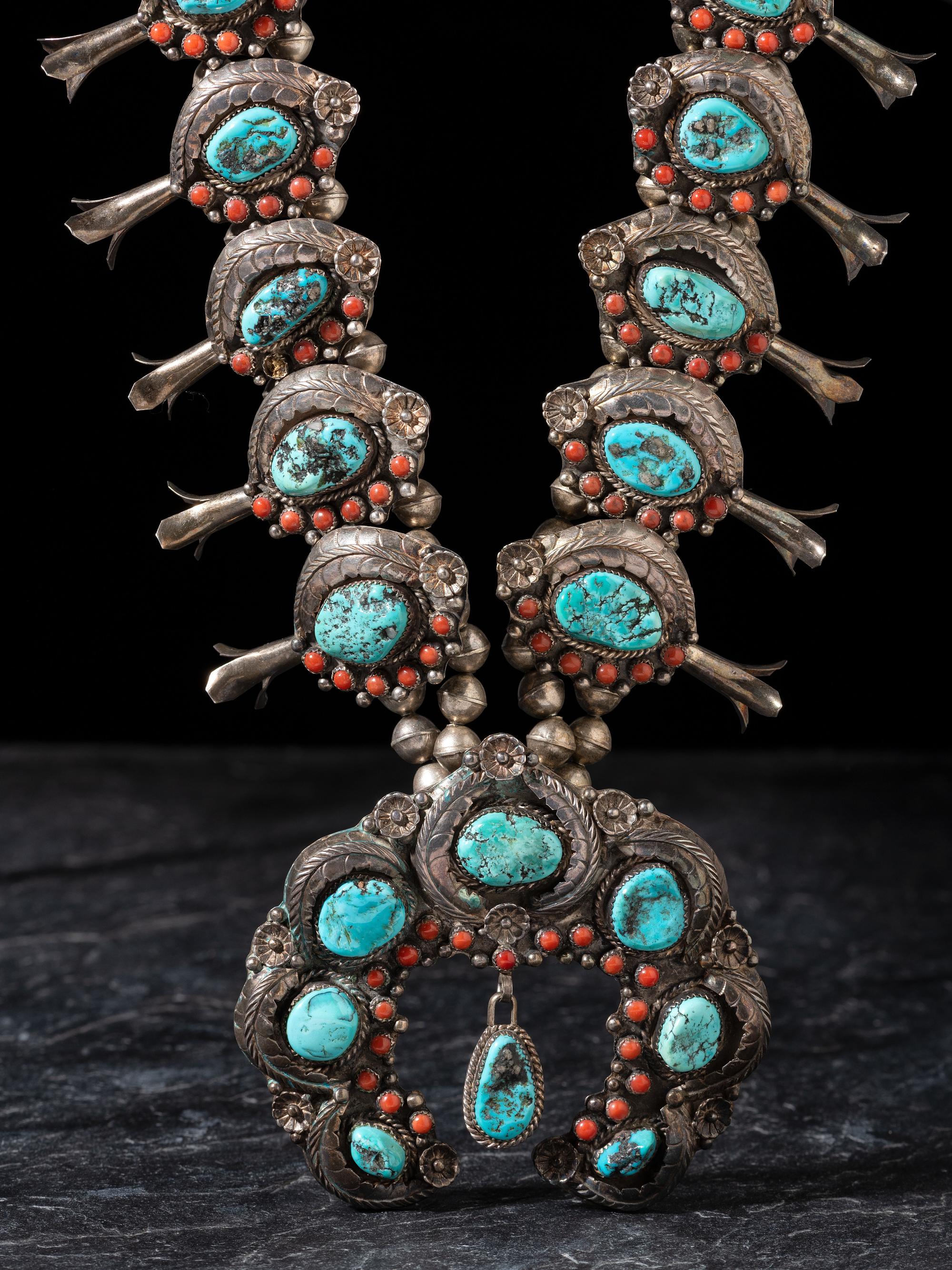 Silver, Turquoise, and Coral Squash Blossom Necklace