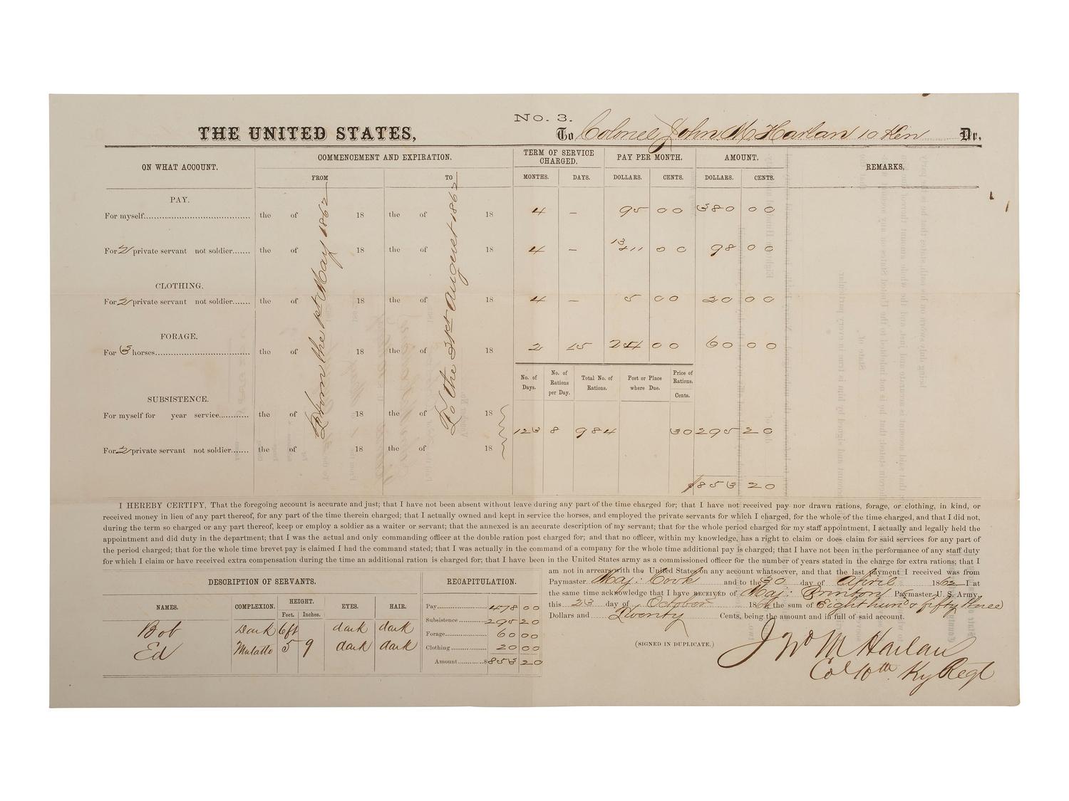 [CIVIL WAR -- AFRICAN AMERICANA]. Pay voucher of Col. John M. Harlan, 10th Kentucky Infantry.