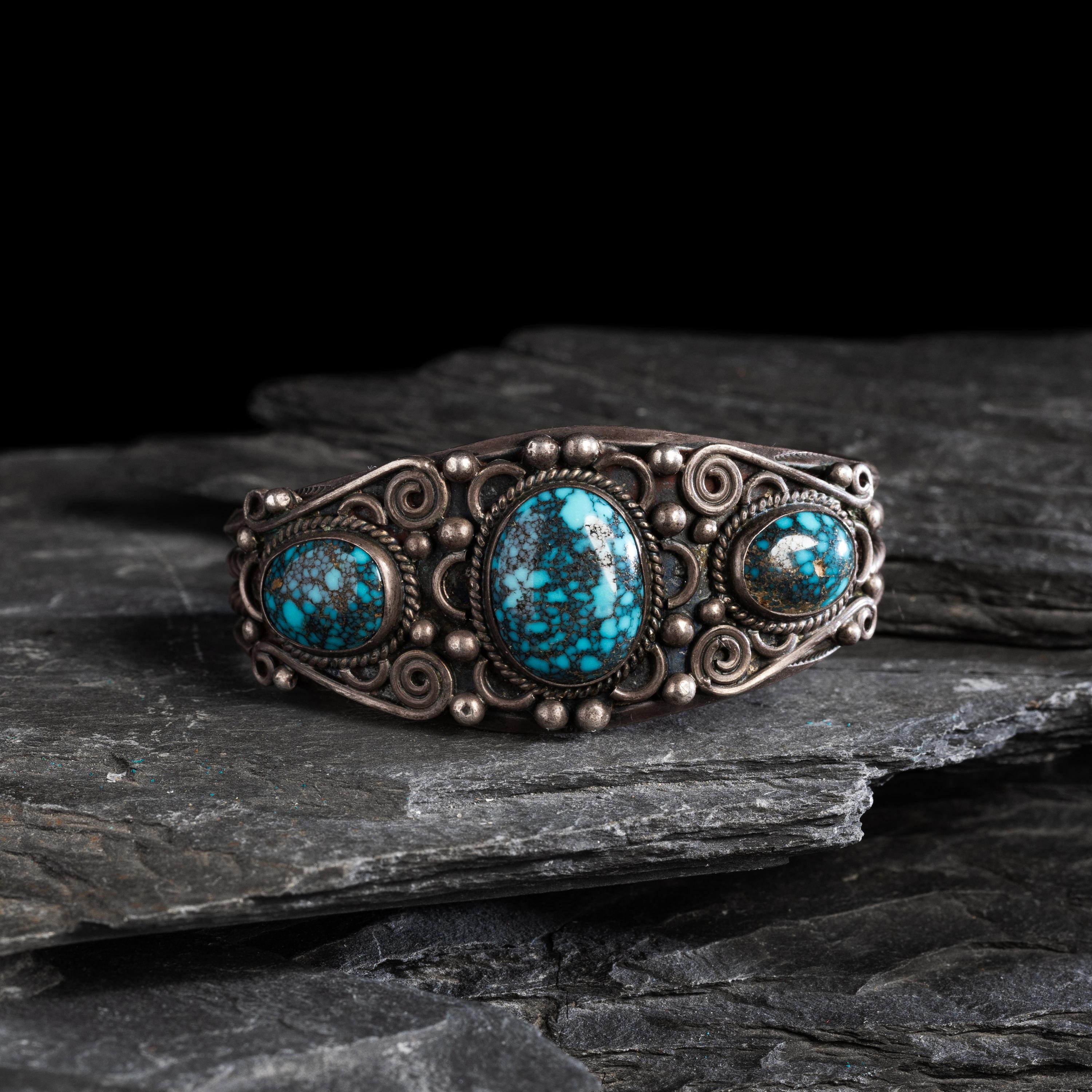 Navajo Silver and High Grade Spiderweb Turquoise Cuff Bracelet