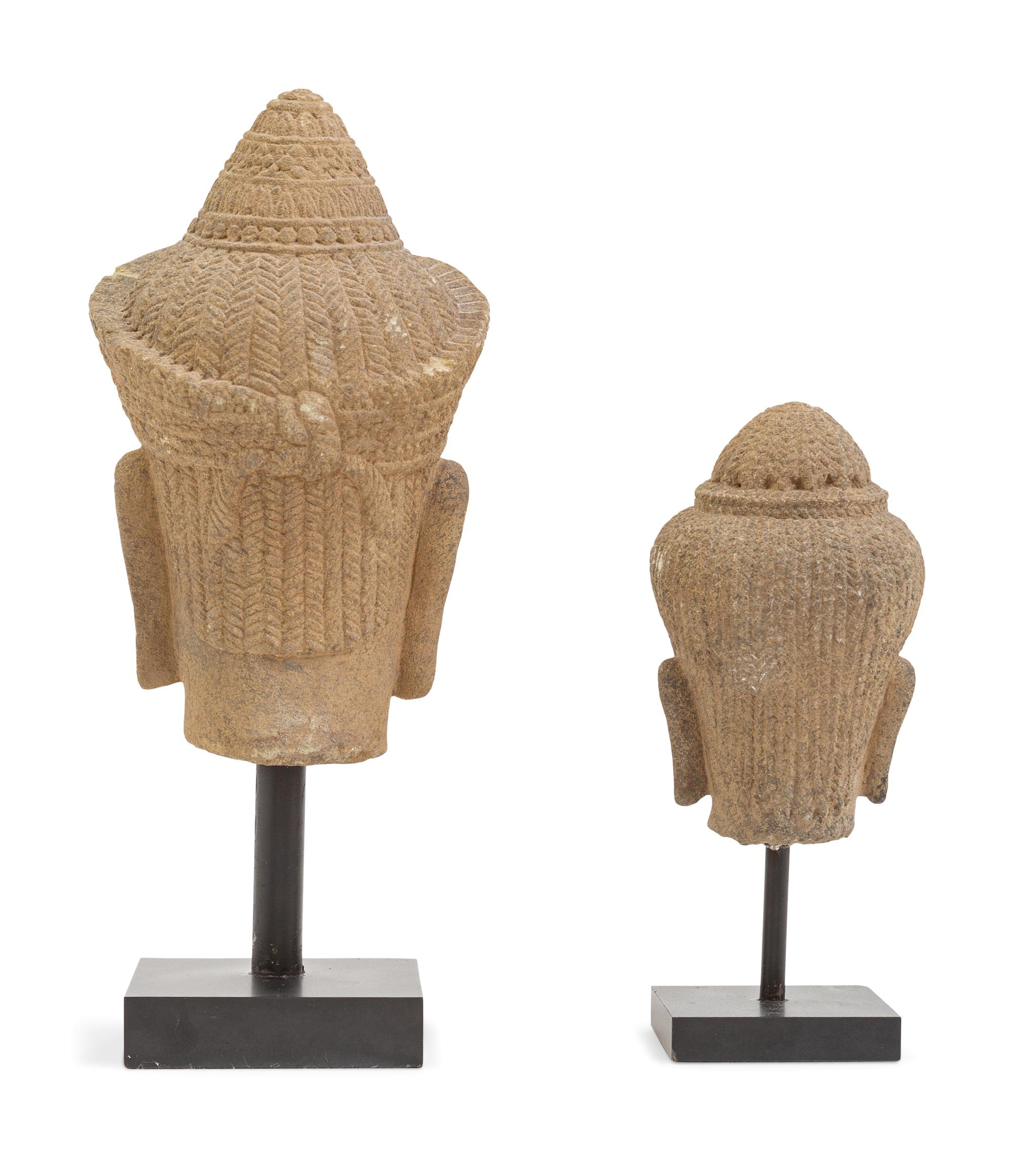 Two Khmer Style Stone Heads of Buddha