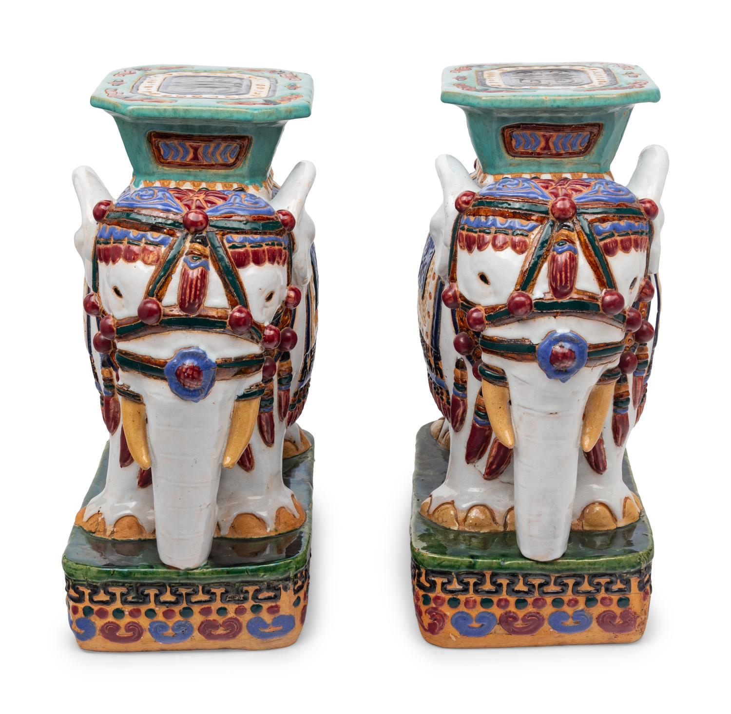 A Pair of Polychrome Glazed Terracotta Elephant-Form Garden Stools