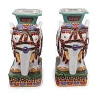 A Pair of Polychrome Glazed Terracotta Elephant-Form Garden Stools